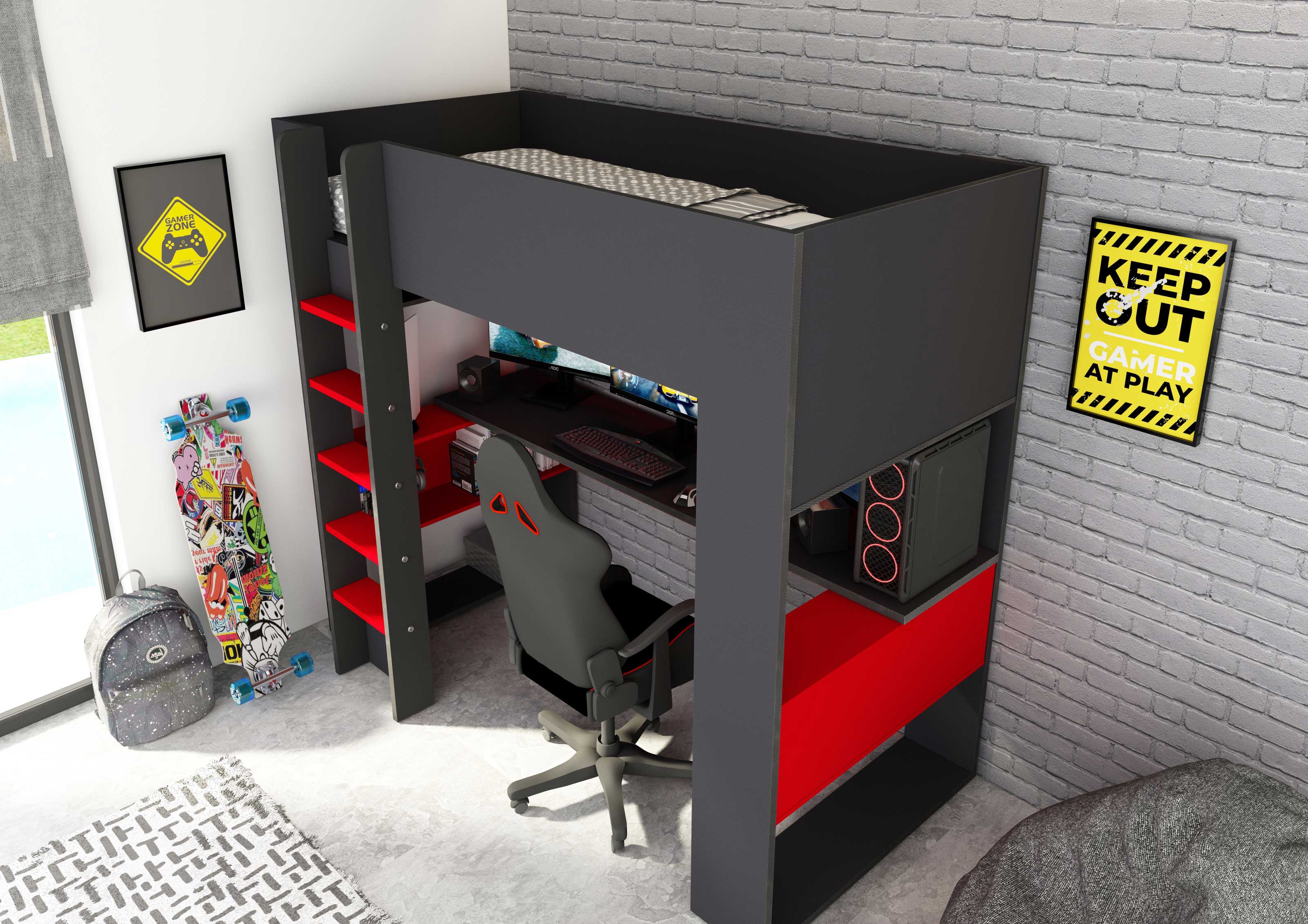 Lit mezzanine avec bureau Graham 90x200cm - anthracite/rouge - Image 9