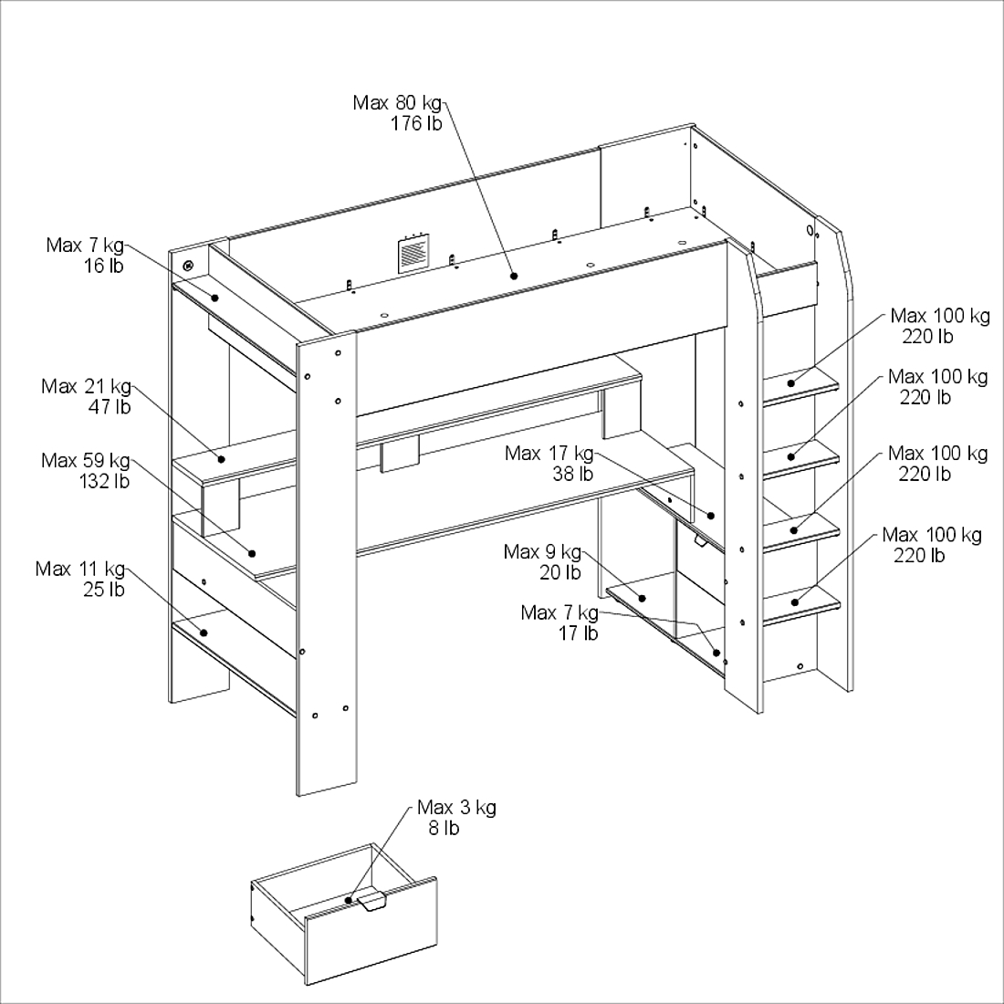 Lit mezzanine avec bureau Raider 90x200cm - noir - Image 4