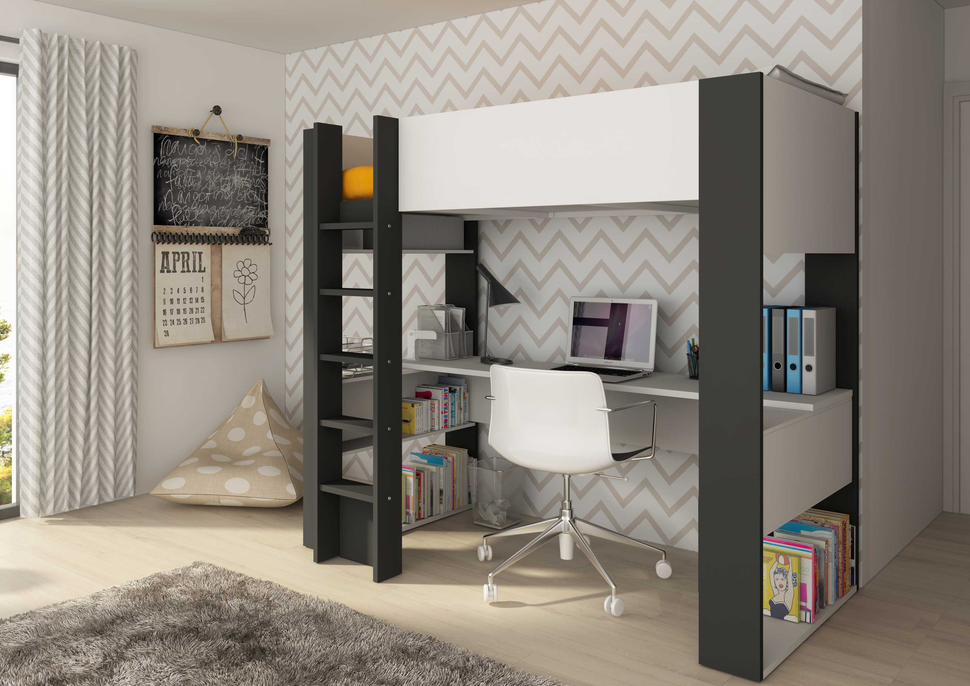 Lit mezzanine Beau 90x200 avec bureau - blanc/graphite - Image 3