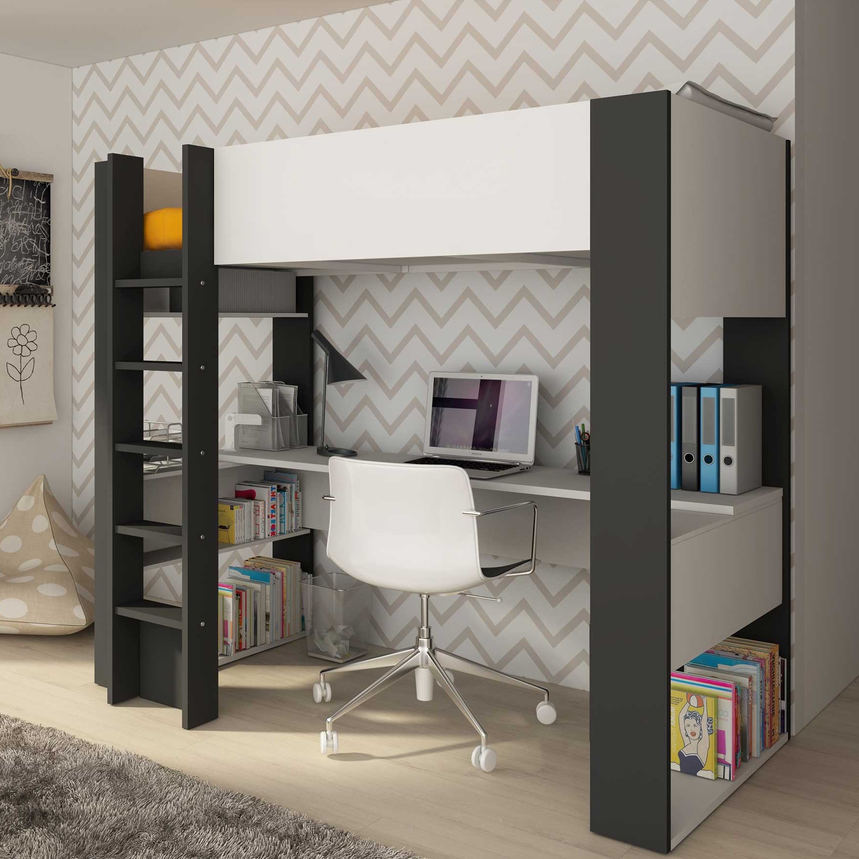 Lit mezzanine Beau 90x200 avec bureau - blanc/graphite - Image 1