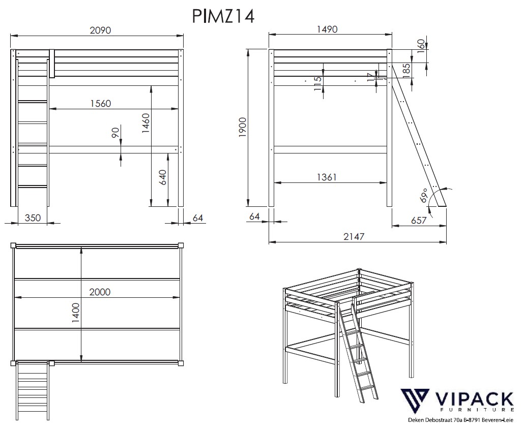 Lit mezzanine Claire 140x200cm avec bibliothèque et canapé-lit - blanc - Image 3