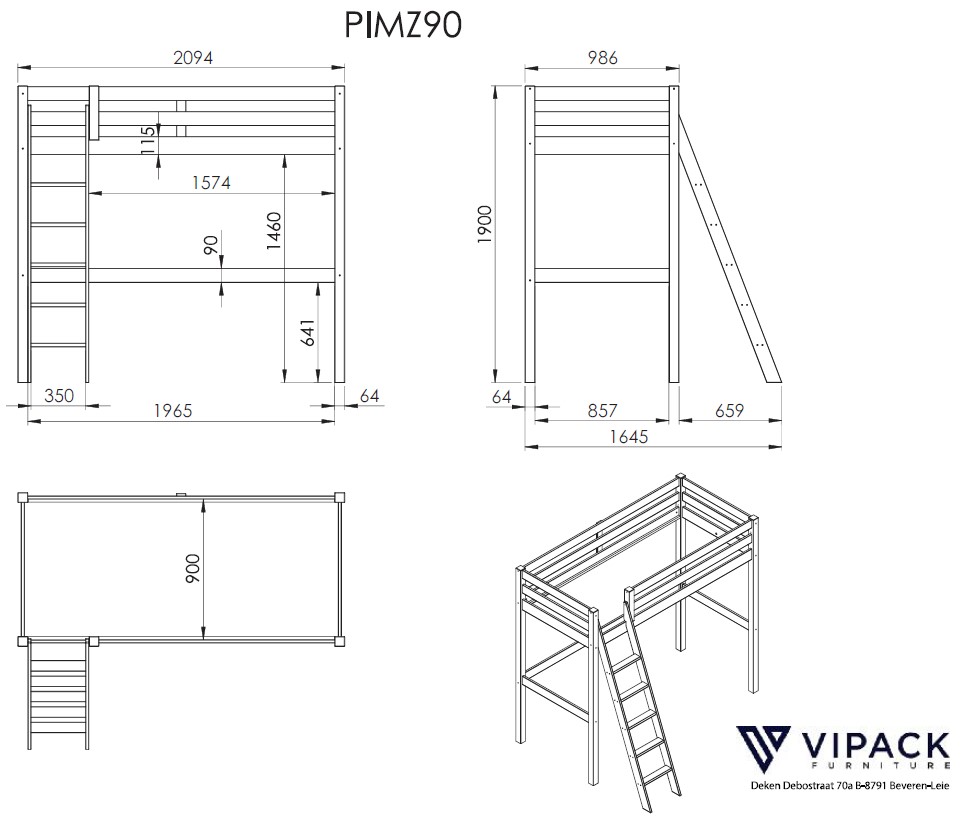 Lit mezzanine Claire 90x200 avec canapé-lit et chiffonnier - blanc - Image 2