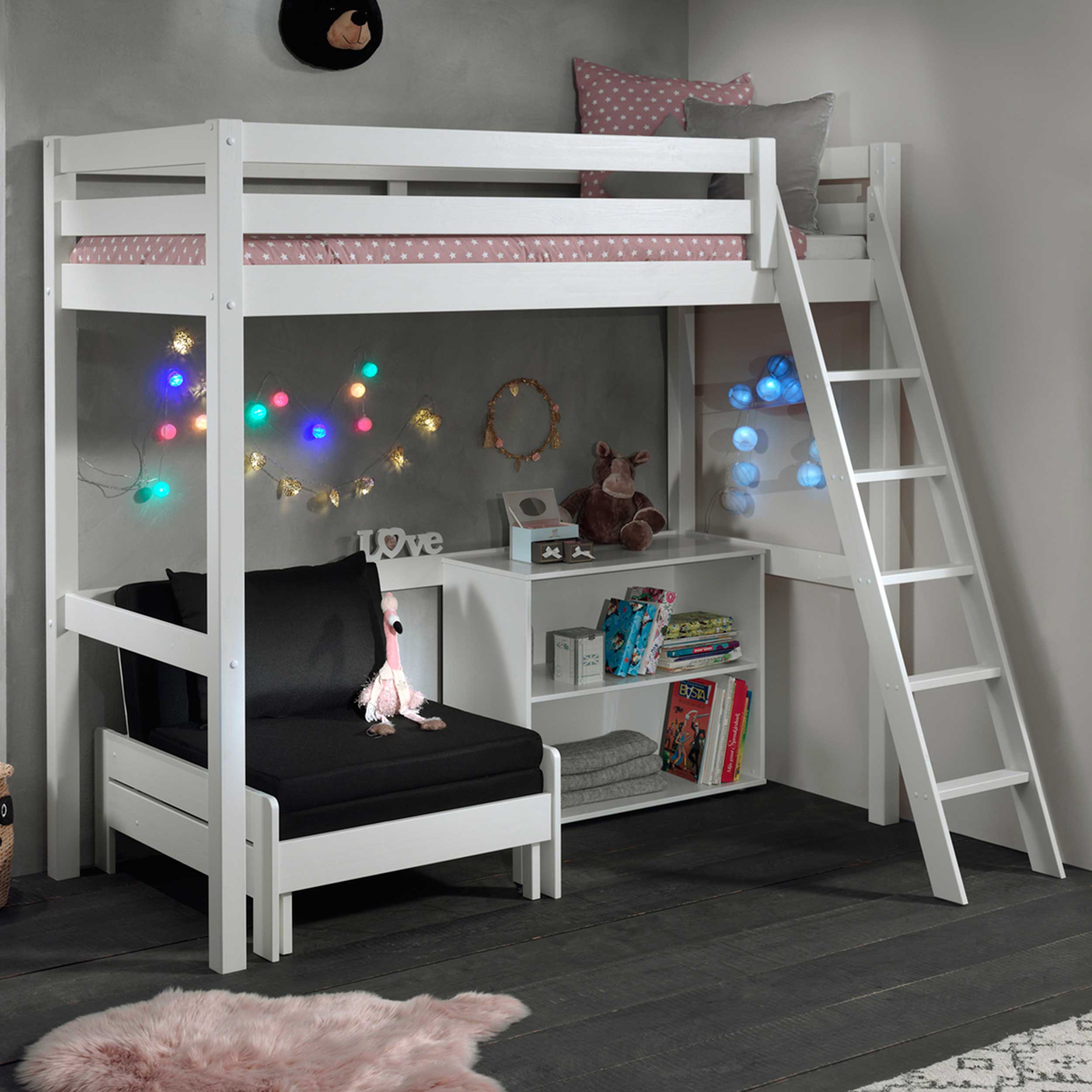 Lit mezzanine Claire 90x200cm avec bibliothèque et canapé-lit - blanc