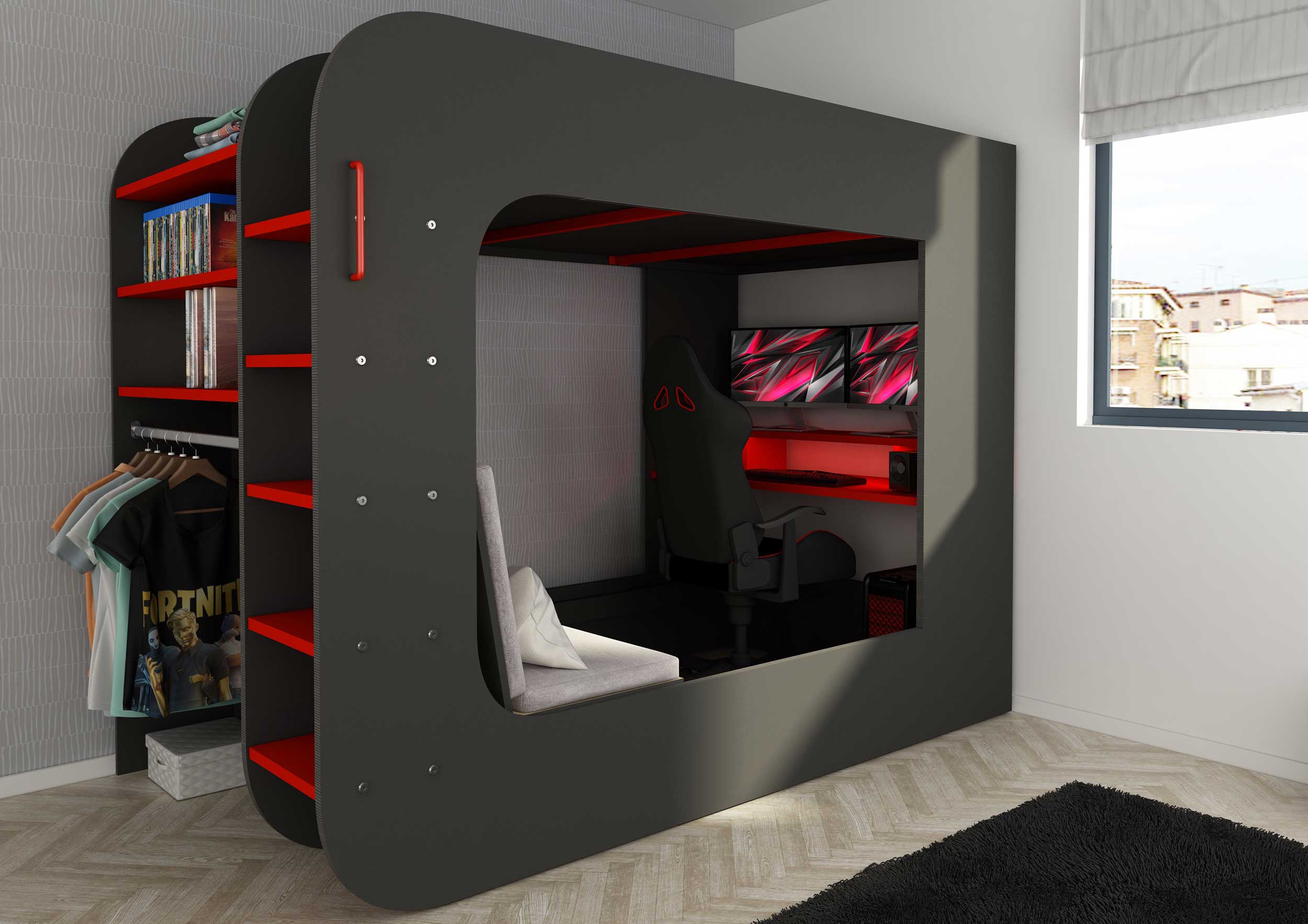 Lit mezzanine Graham avec bureau gamer 120x200cm - anthracite/rouge - Image 10