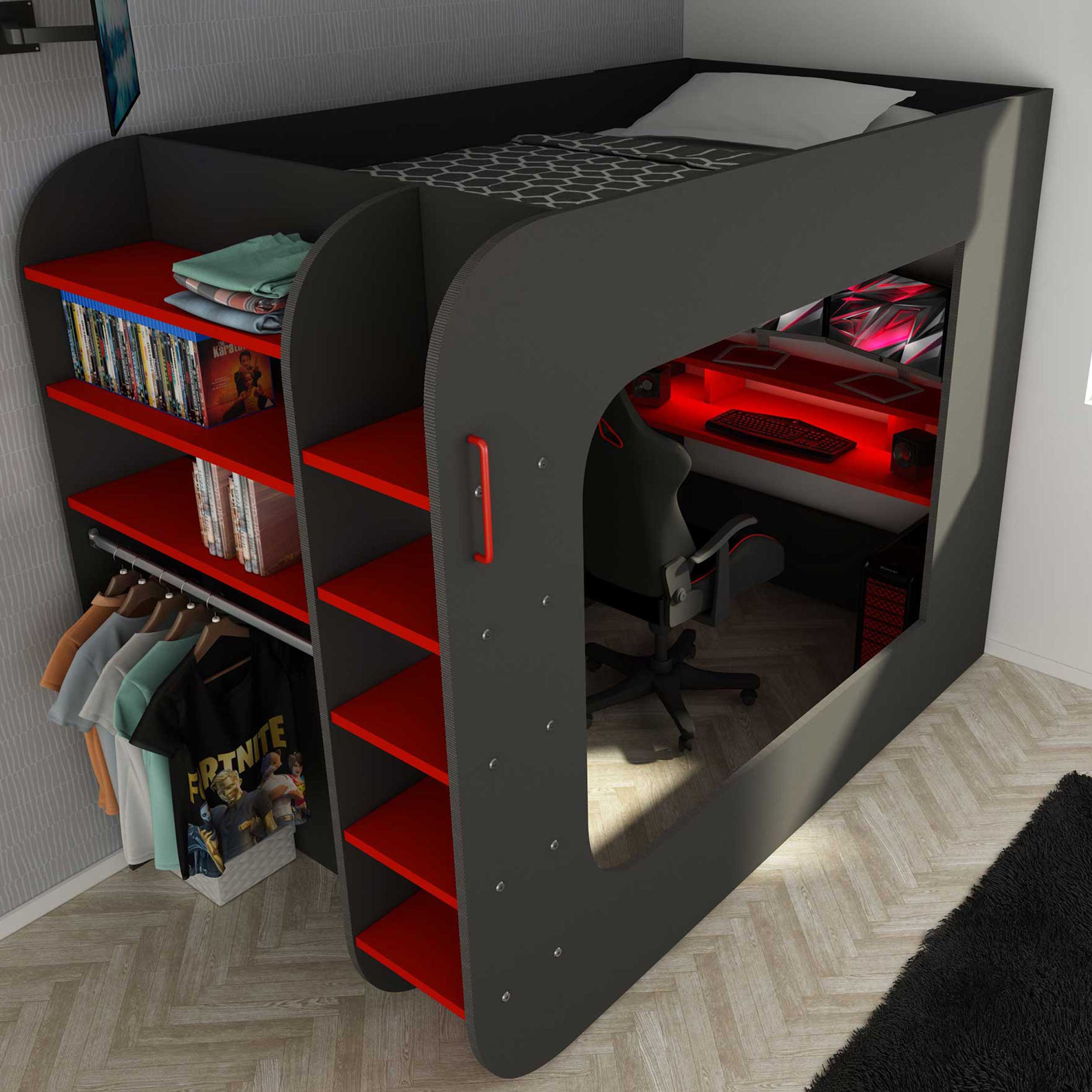 Lit mezzanine Graham avec bureau gamer 120x200cm - anthracite/rouge - Image 1