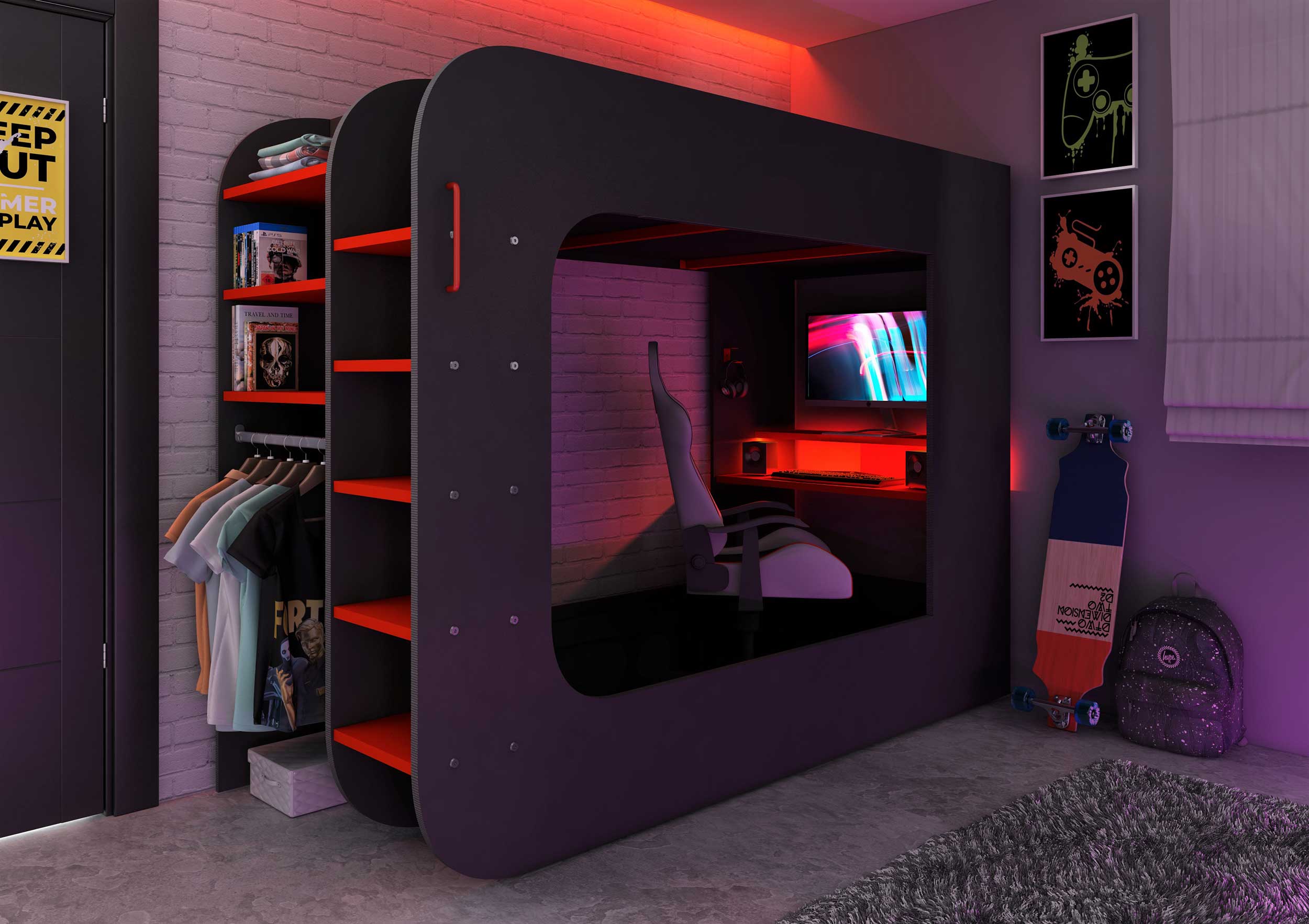 Lit mezzanine Graham avec bureau gamer 90x200cm - anthracite/rouge - Image 12