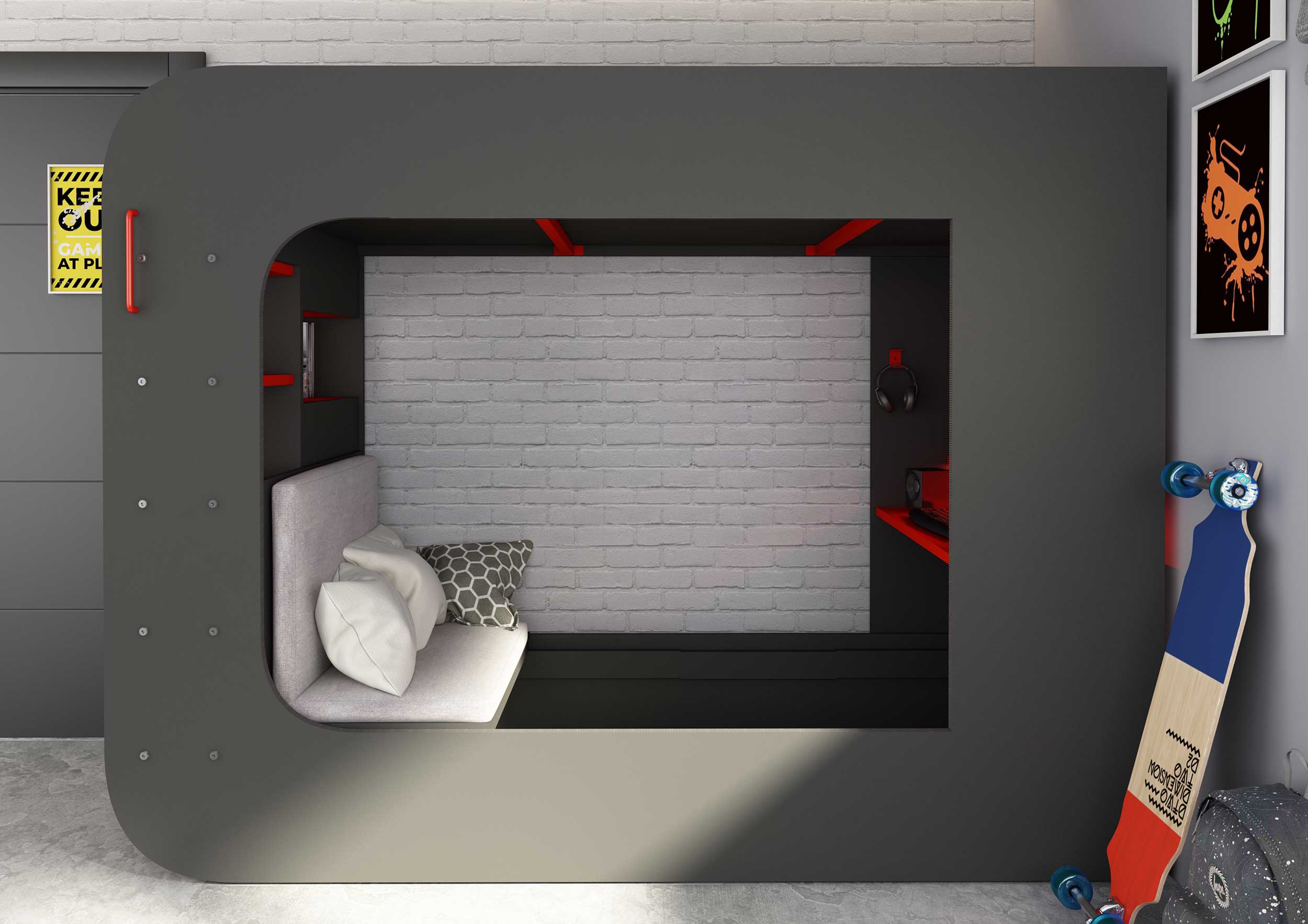 Lit mezzanine Graham avec bureau gamer 90x200cm - anthracite/rouge - Image 8