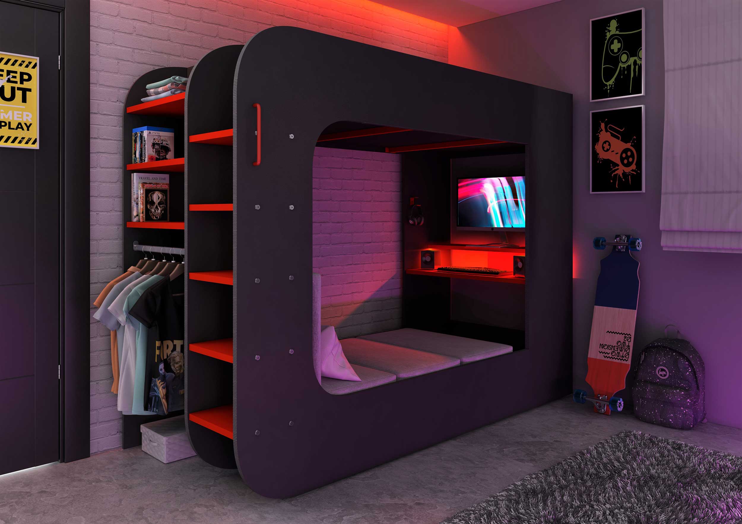 Lit mezzanine Graham avec bureau gamer 90x200cm - anthracite/rouge - Image 10