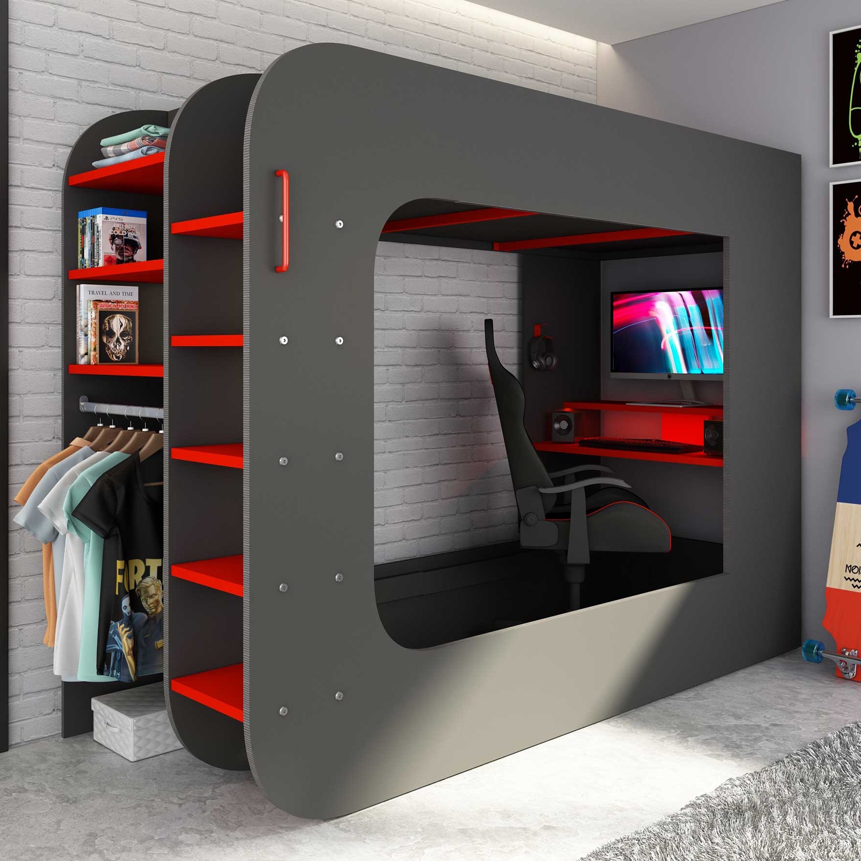 Lit mezzanine Graham avec bureau gamer 90x200cm - anthracite/rouge - Image 1