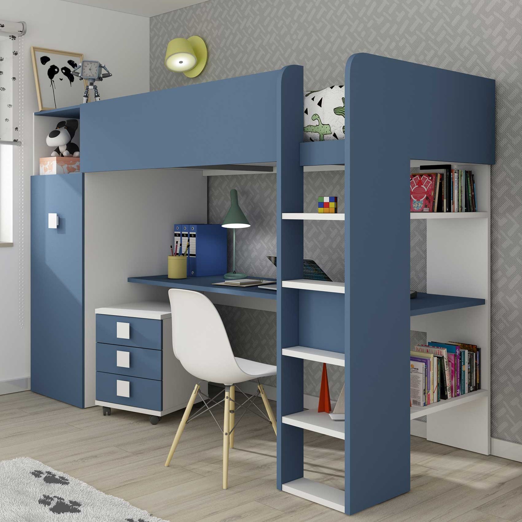 Lit mezzanine Jet avec bureau et armoire 90x200cm - bleu