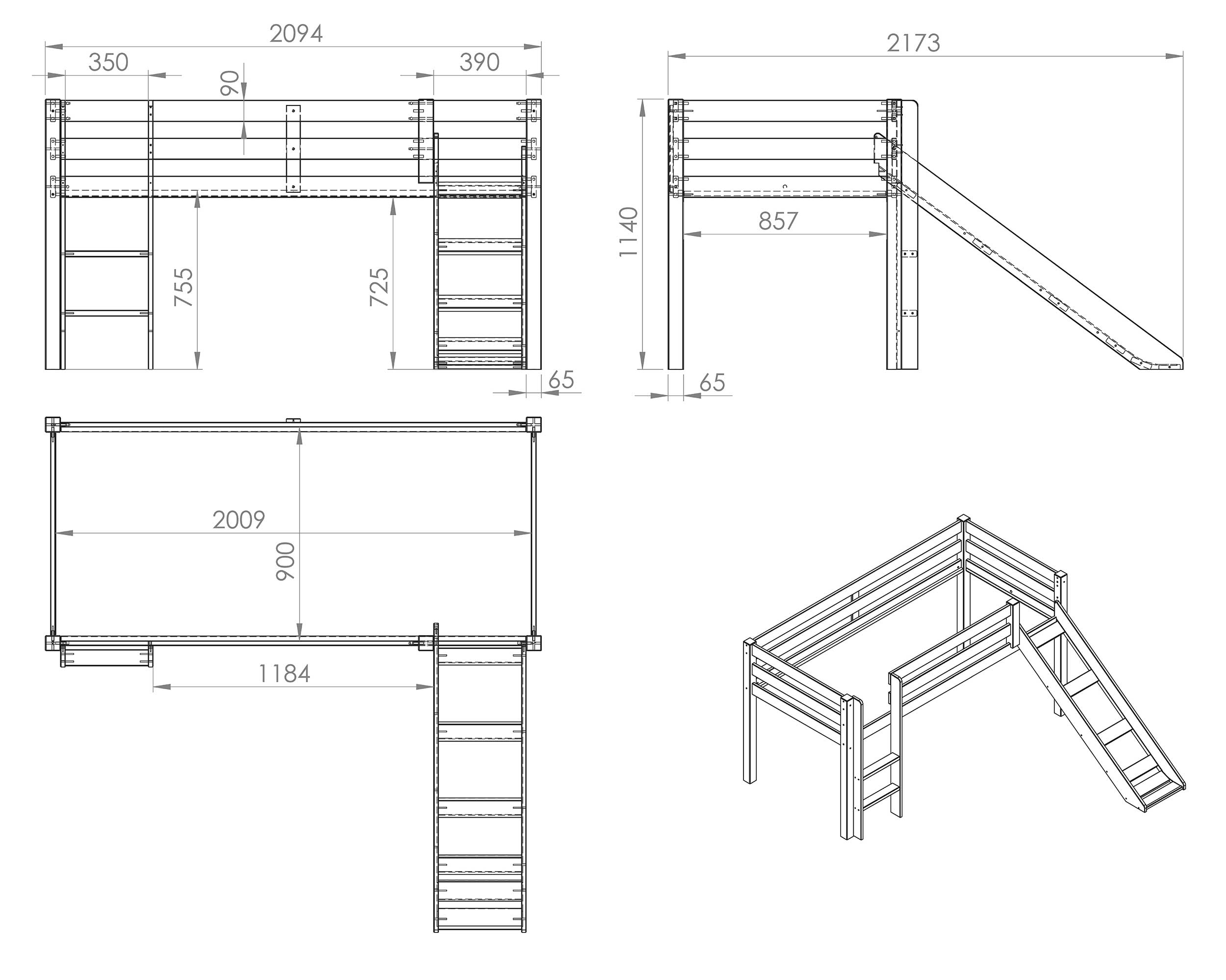 Lit mi-hauteur Astrid avec tente et tunnel de lit et sacs de rangement Birdy - blanc - Image 2