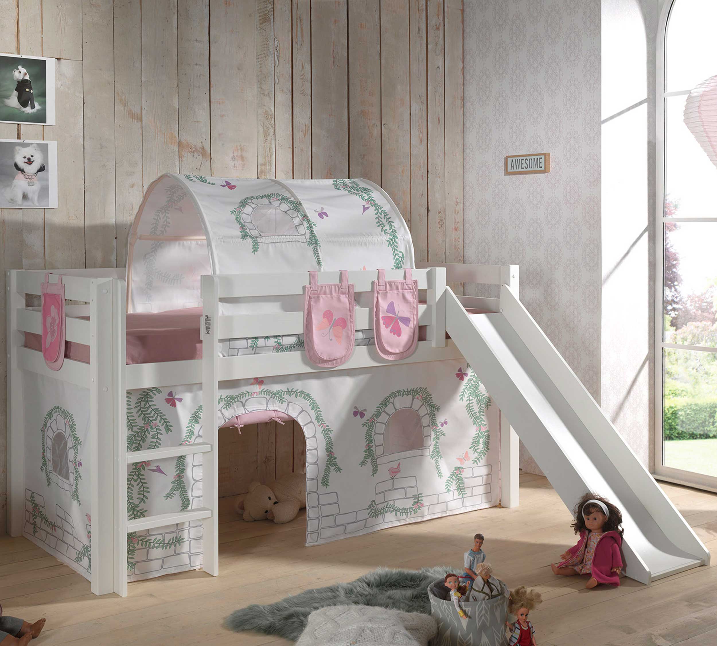 Lit mi-hauteur Astrid avec tente et tunnel de lit et sacs de rangement Birdy - blanc