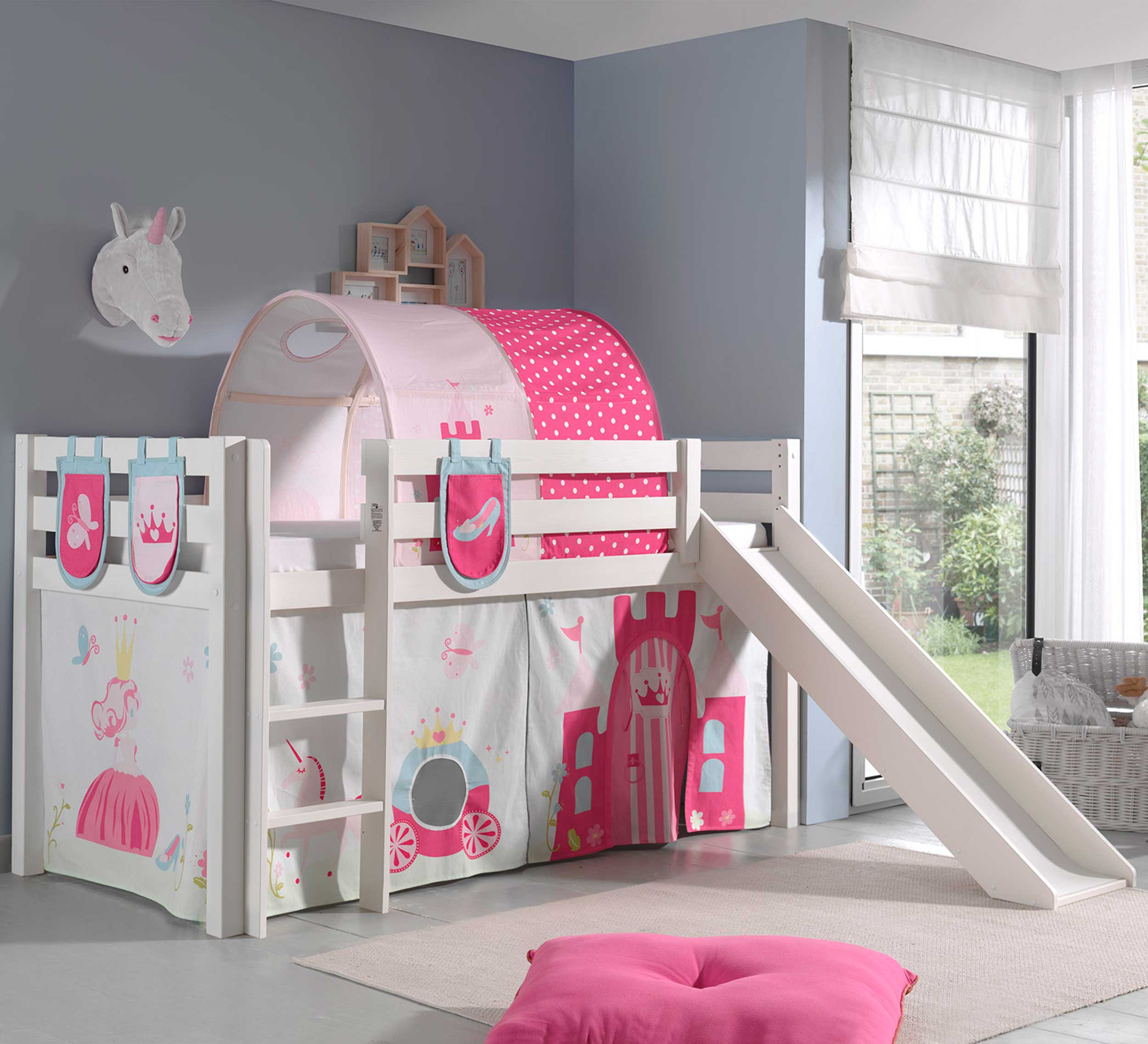 Lit mi-hauteur Astrid avec tente et tunnel de lit et sacs de rangement Princess II - blanc