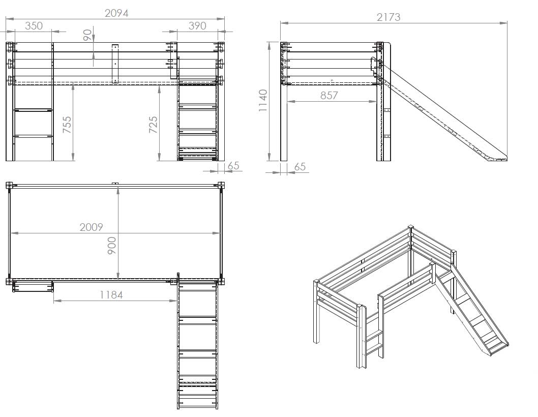 Lit mi-hauteur Astrid avec tente et tunnel de lit Princess II - bois de pin - Image 3