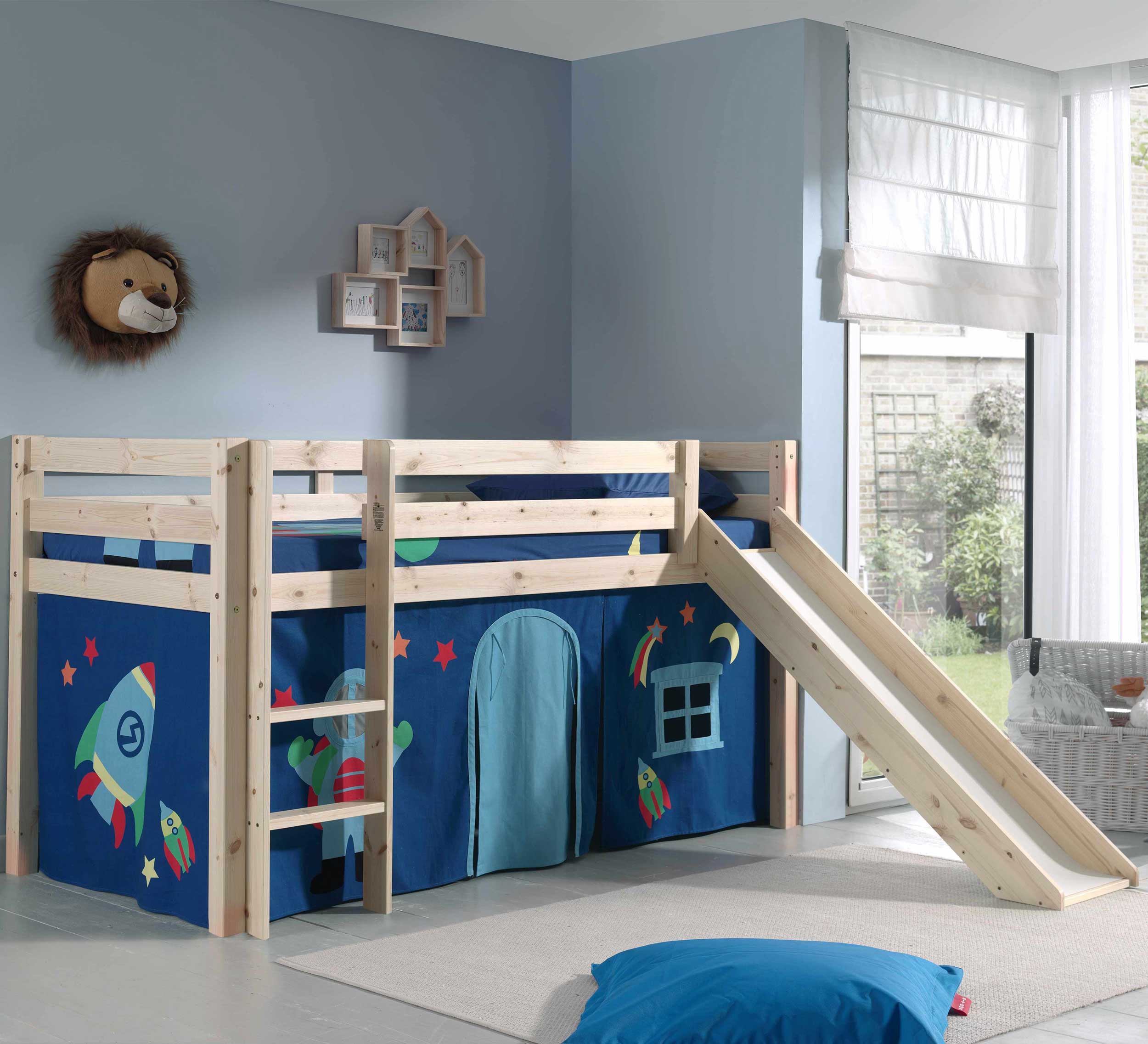 Lit mi-hauteur Astrid avec toboggan & tente de lit Astro - bois de pin