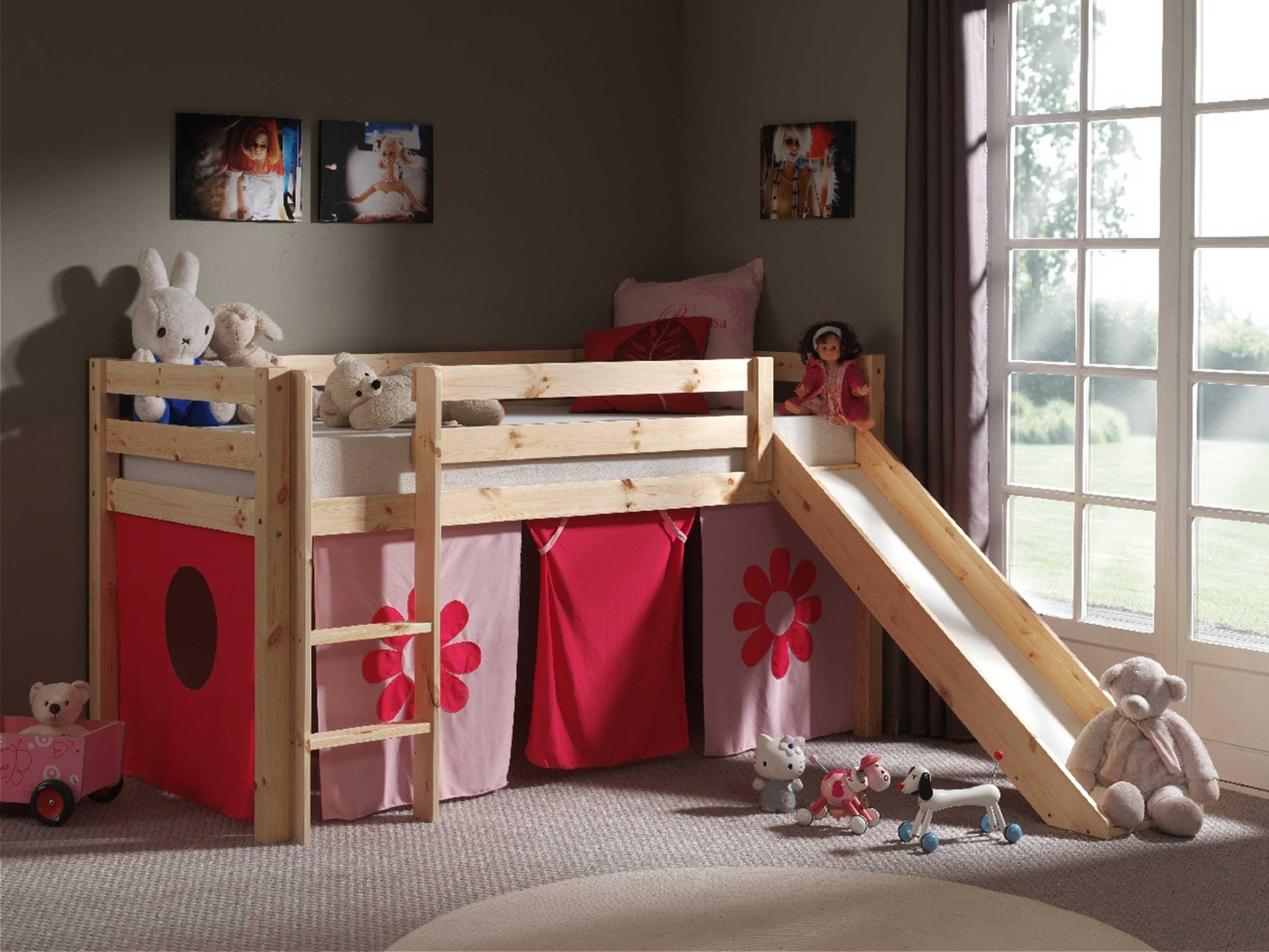 Lit mi-hauteur Astrid avec toboggan & tente de lit Fleurs - bois de pin - Image 5