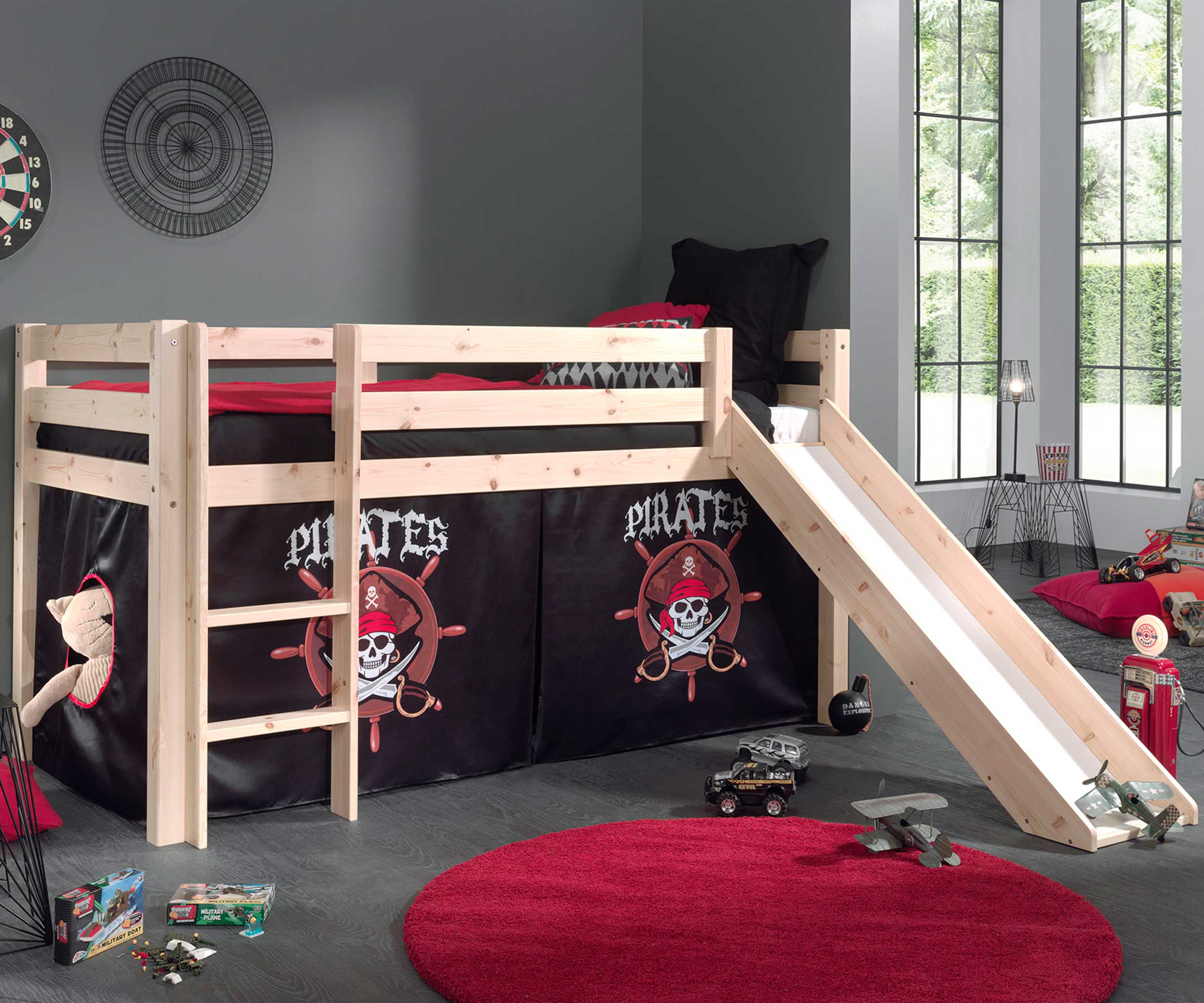 Lit mi-hauteur Astrid avec toboggan & tente de lit Pirates - bois de pin