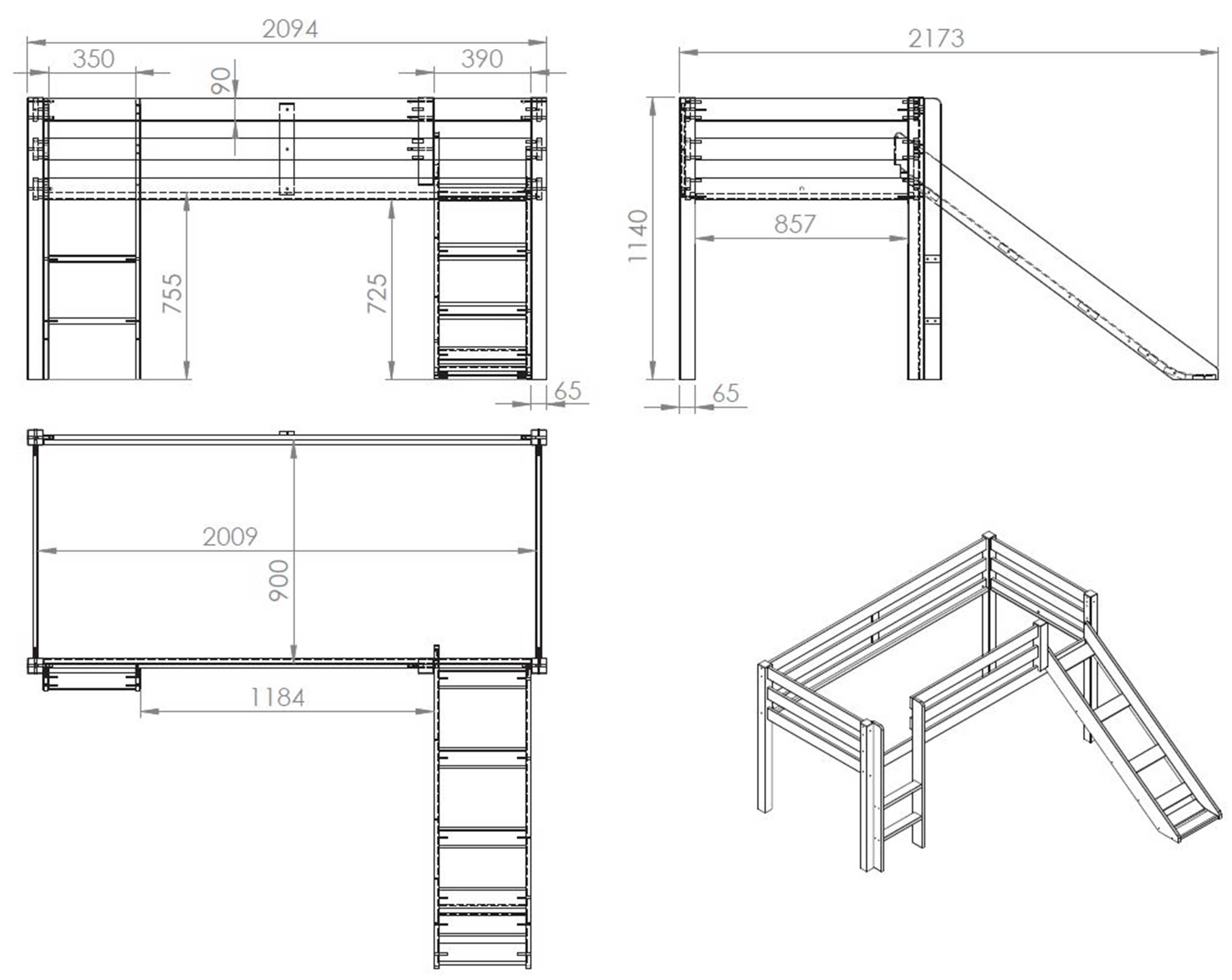 Lit mi-hauteur Astrid avec toboggan & tente de lit Princess II - bois de pin - Image 3