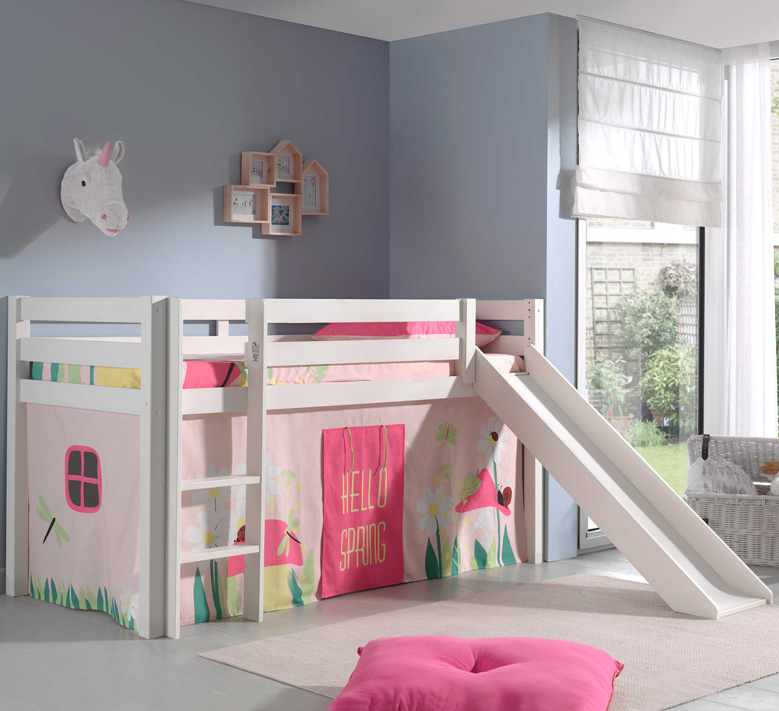 Lit mi-hauteur Astrid blanc avec toboggan - spring