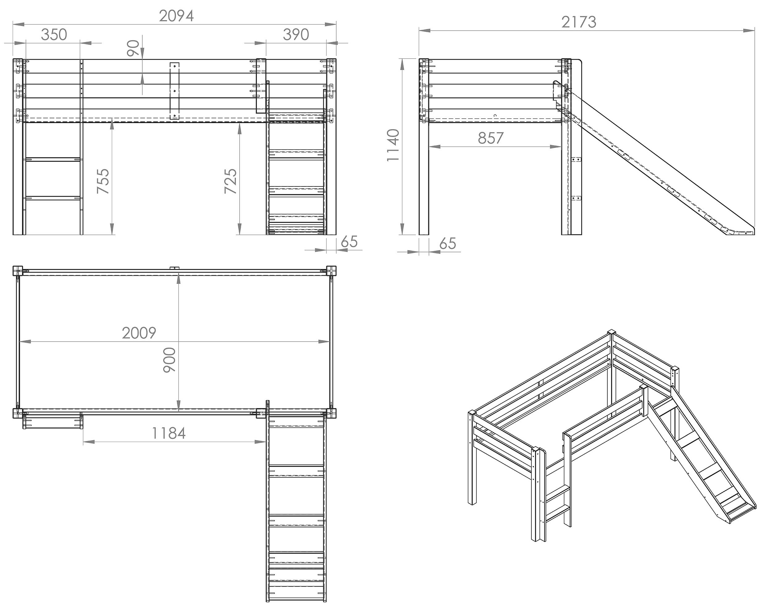 Lit mi-hauteur Astrid blanc avec toboggan - tente pirates - Image 3