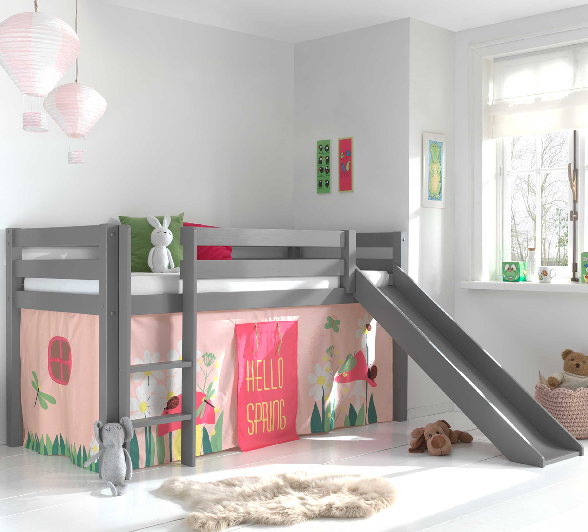 Lit mi-hauteur Astrid gris avec toboggan - spring