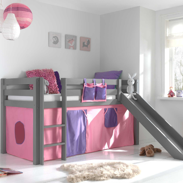 Lit mi-hauteur Astrid gris avec toboggan - tente bella