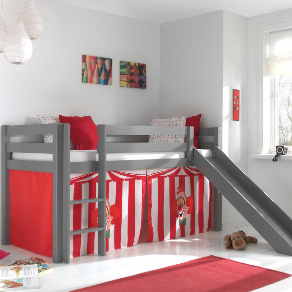 Lit mi-hauteur Astrid gris avec toboggan - tente cirque