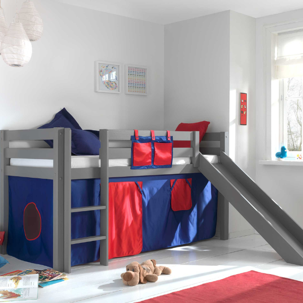 Lit mi-hauteur Astrid gris avec toboggan - tente domino