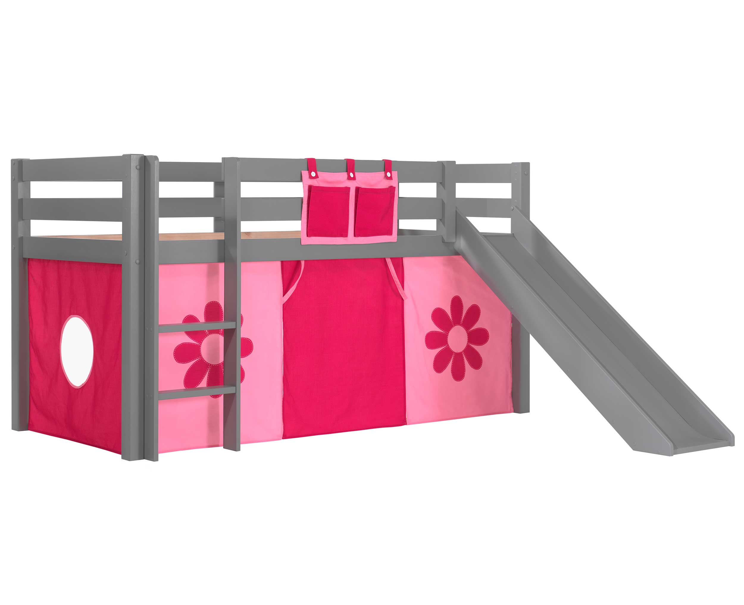 Lit mi-hauteur Astrid gris avec toboggan - tente fleurs - Image 3