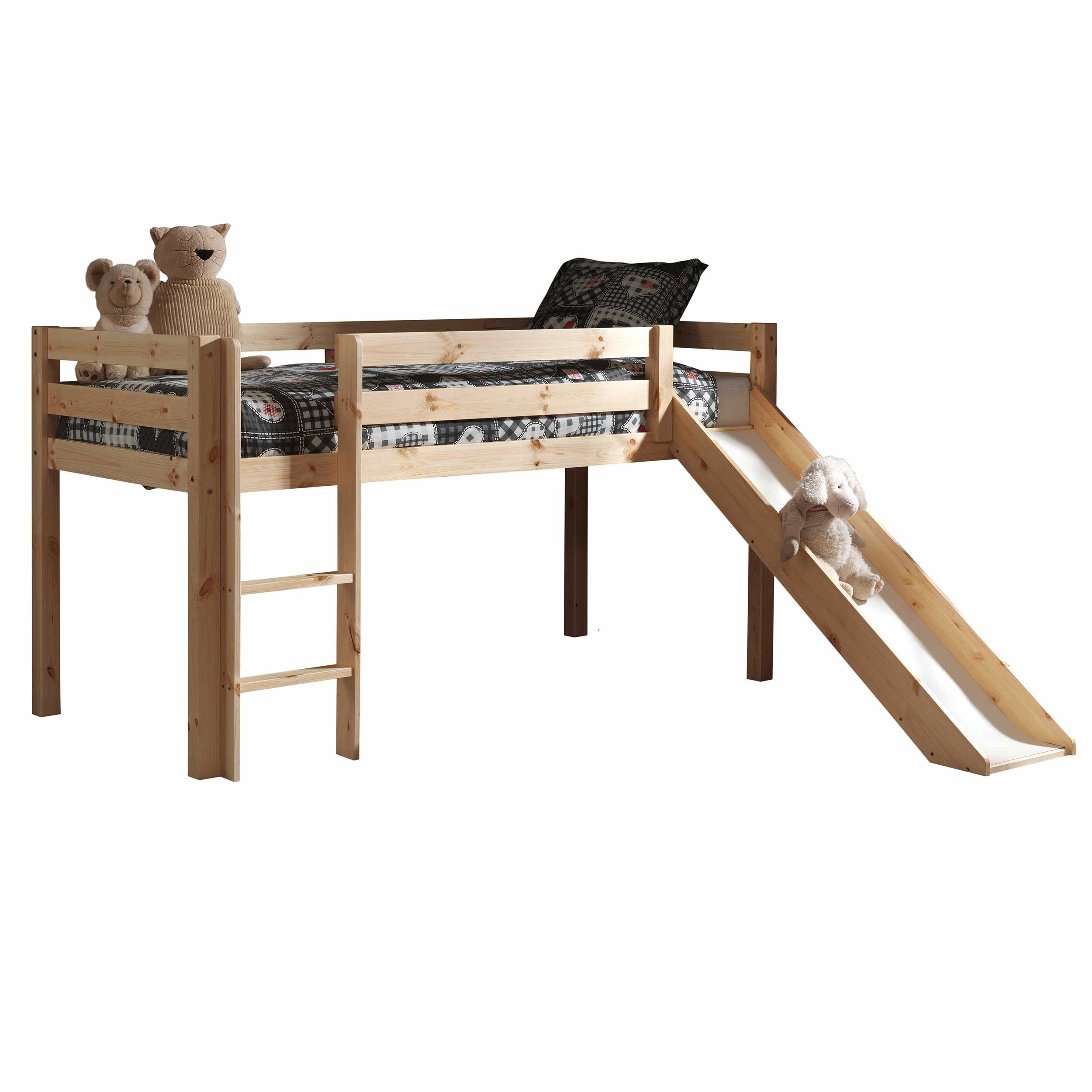 Lit mi-hauteur avec toboggan Astrid avec tente de lit Dino - bois de pin - Image 4