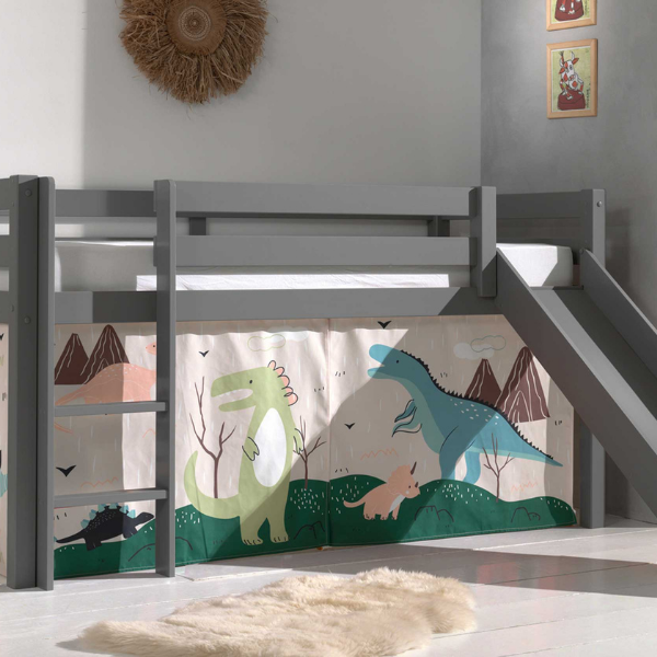 Lit mi-hauteur avec toboggan Astrid avec tente de lit Dino - gris