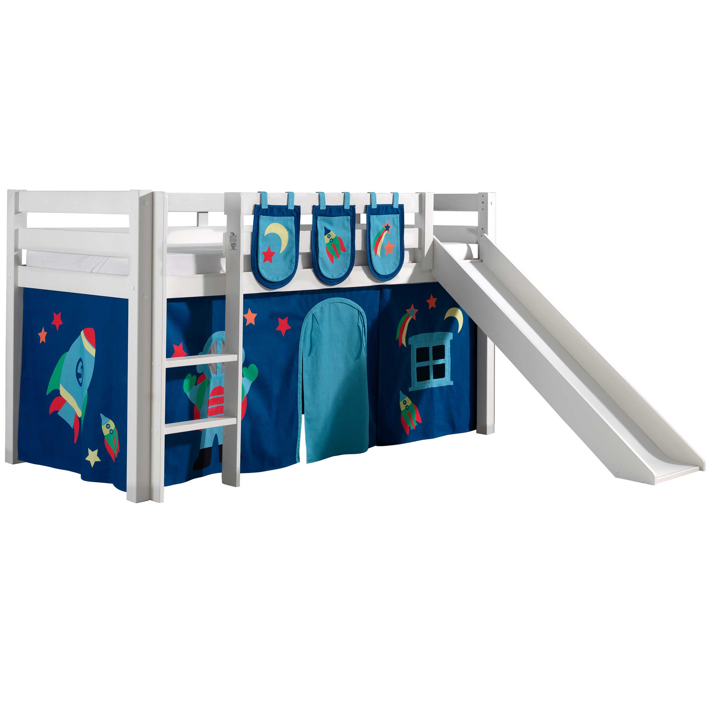 Lit mi-hauteur avec toboggan Astrid avec tente de lit et sacs de rangement Astro - blanc - Image 7