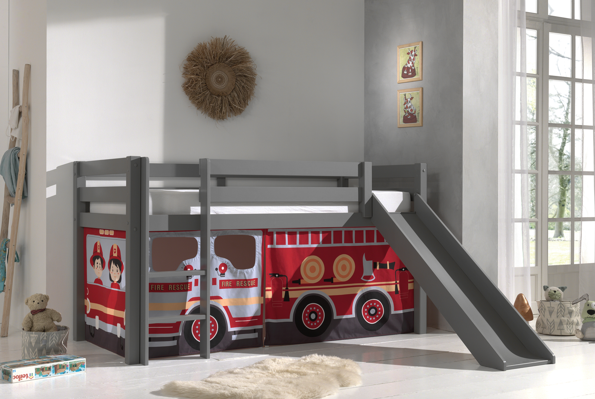 Lit mi-hauteur avec toboggan Astrid avec tente de lit Fire Truck - gris - Image 5