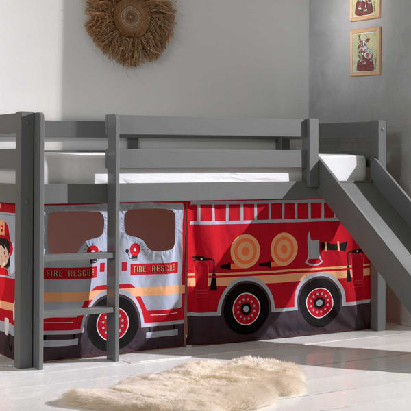 Lit mi-hauteur avec toboggan Astrid avec tente de lit Fire Truck - gris