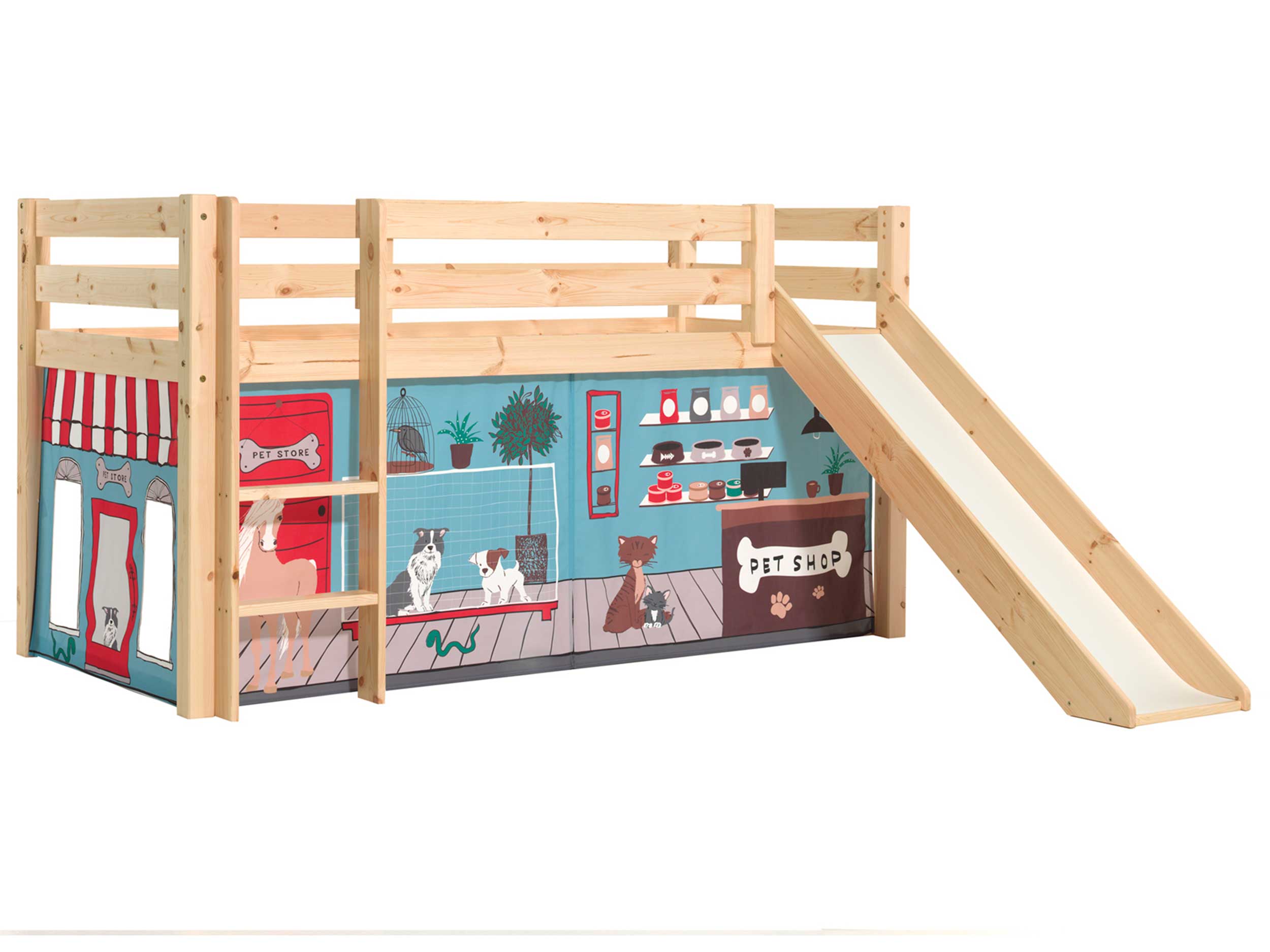 Lit mi-hauteur avec toboggan Astrid avec tente de lit Pet Shop - bois de pin - Image 6