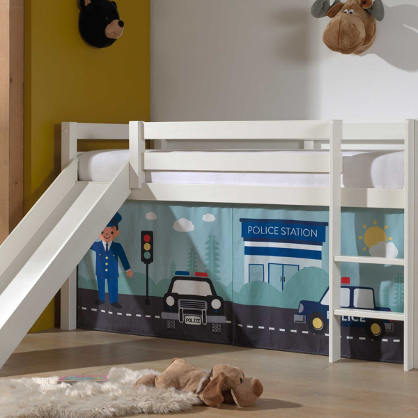 Lit mi-hauteur avec toboggan Astrid avec tente de lit Police - blanc