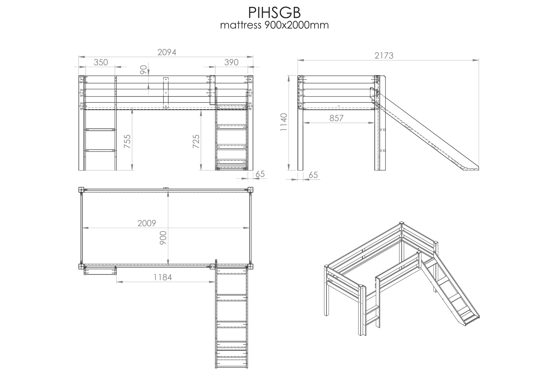 Lit mi-hauteur avec toboggan Astrid avec tente de lit Police - bois de pin - Image 2