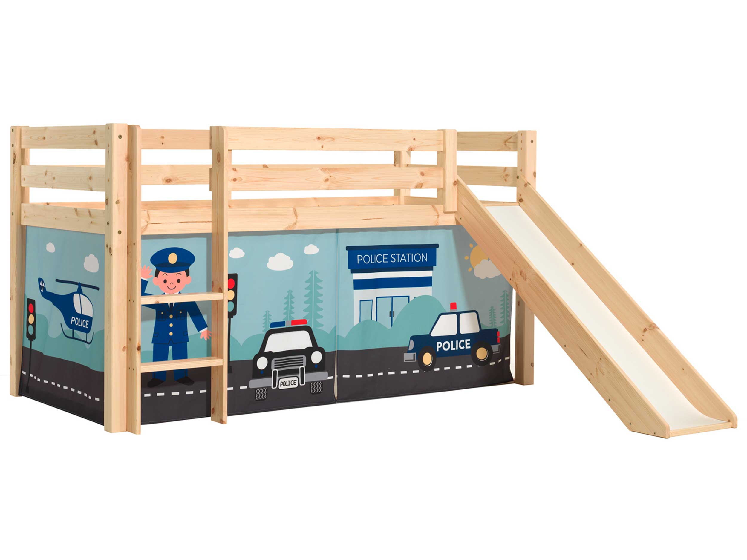 Lit mi-hauteur avec toboggan Astrid avec tente de lit Police - bois de pin - Image 6