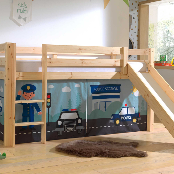 Lit mi-hauteur avec toboggan Astrid avec tente de lit Police - bois de pin