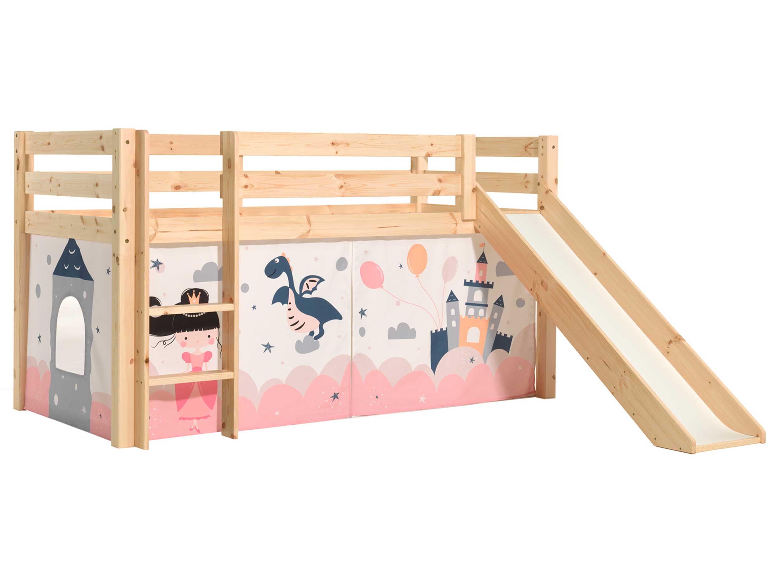 Lit mi-hauteur avec toboggan Astrid avec tente de lit Princess Sophie - bois de pin - Image 5