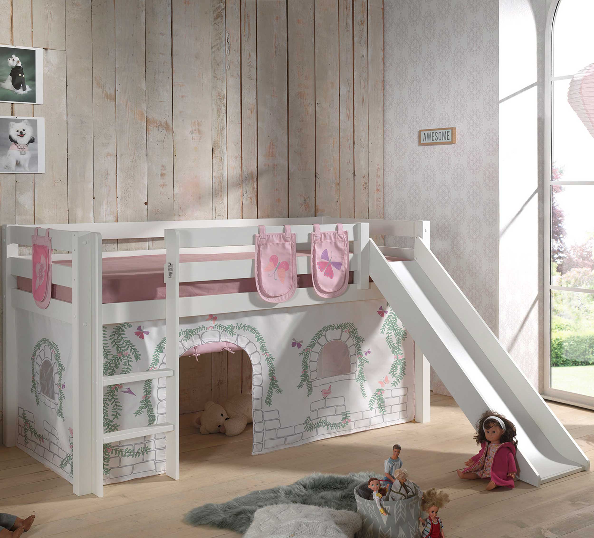 Lit mi-hauteur avec toboggan Astrid avec tente et sacs de rangement Birdy - blanc