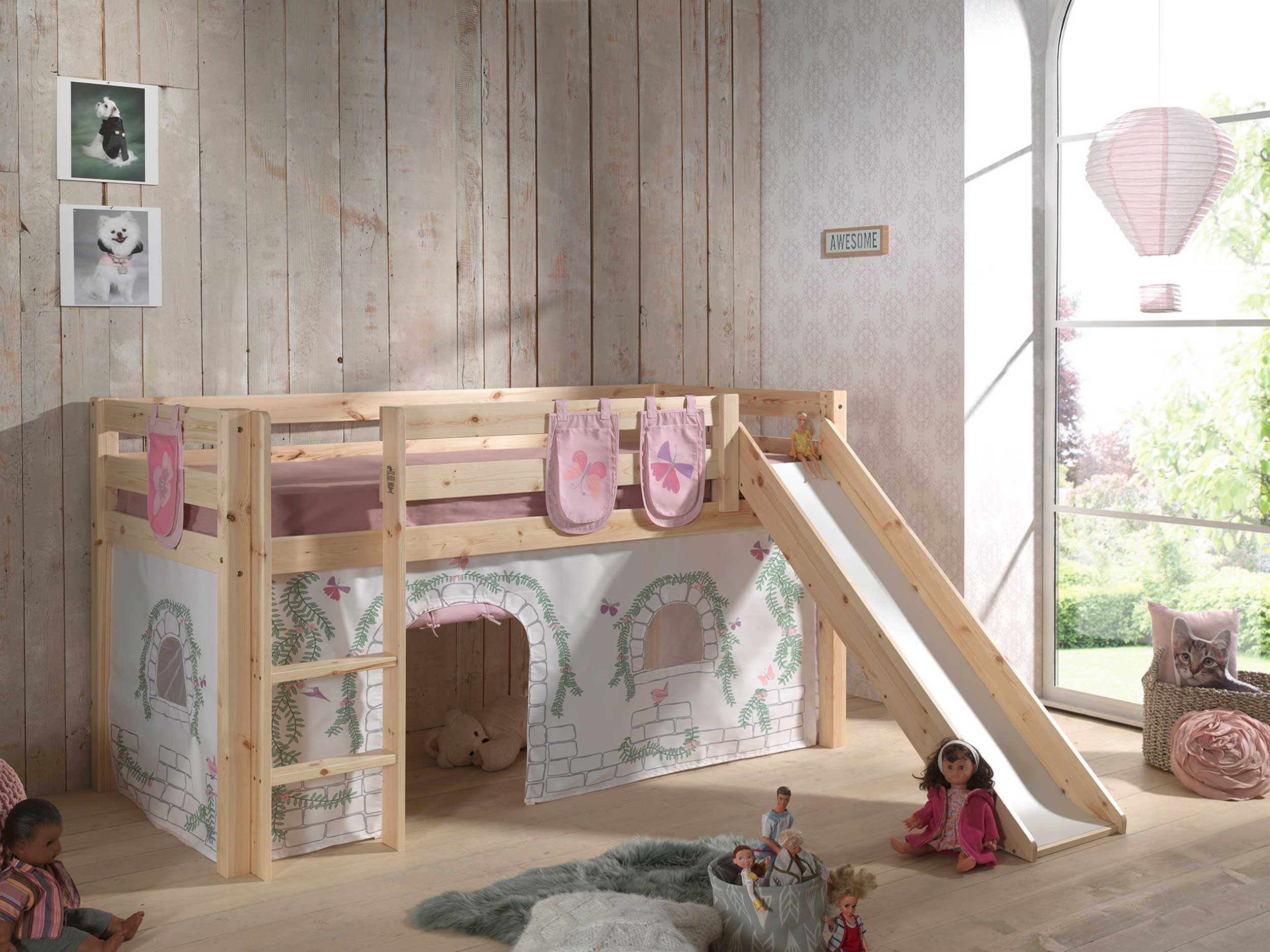 Lit mi-hauteur avec toboggan Astrid avec tente et sacs de rangement Birdy - bois de pin - Image 6