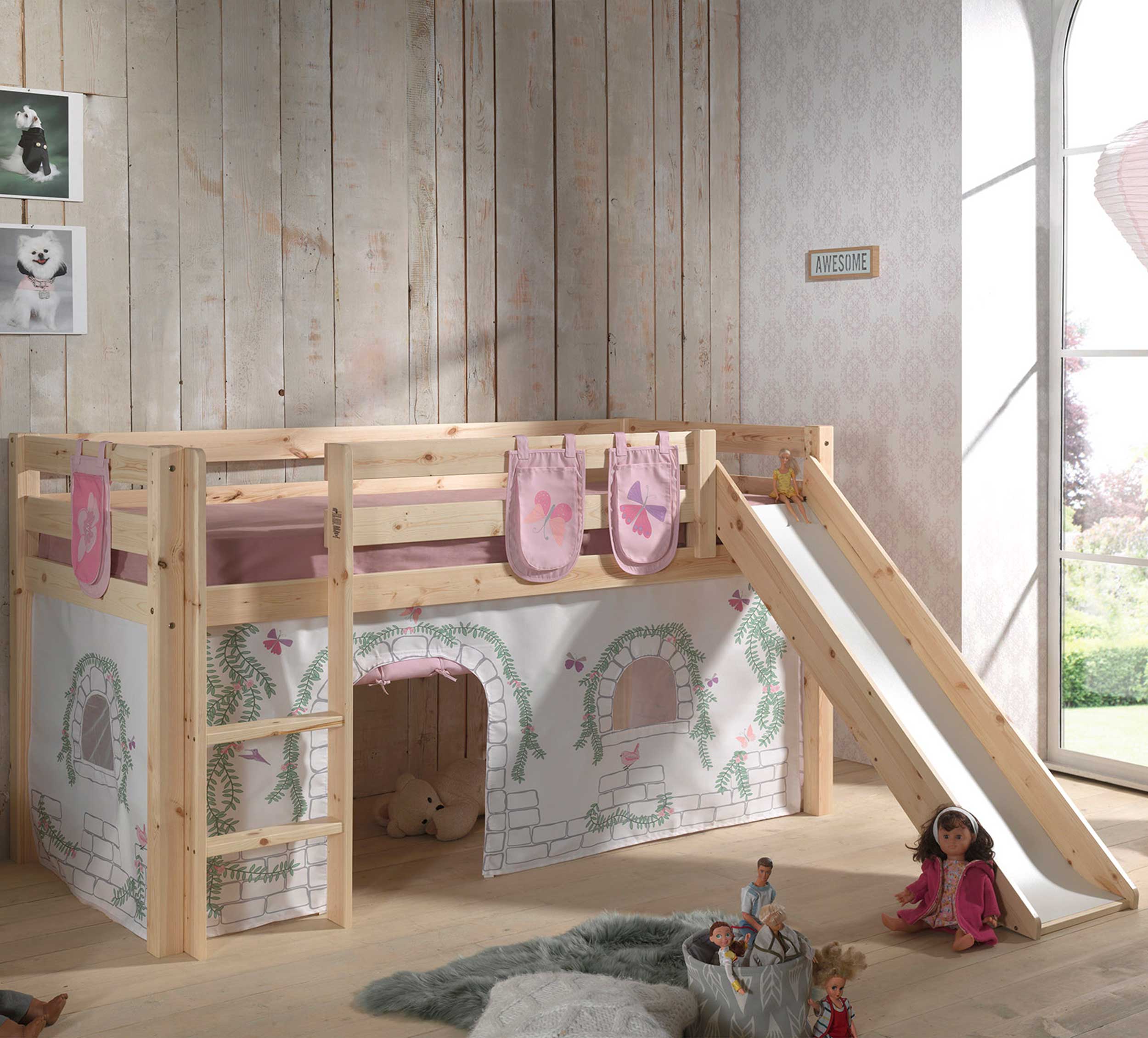 Lit mi-hauteur avec toboggan Astrid avec tente et sacs de rangement Birdy - bois de pin