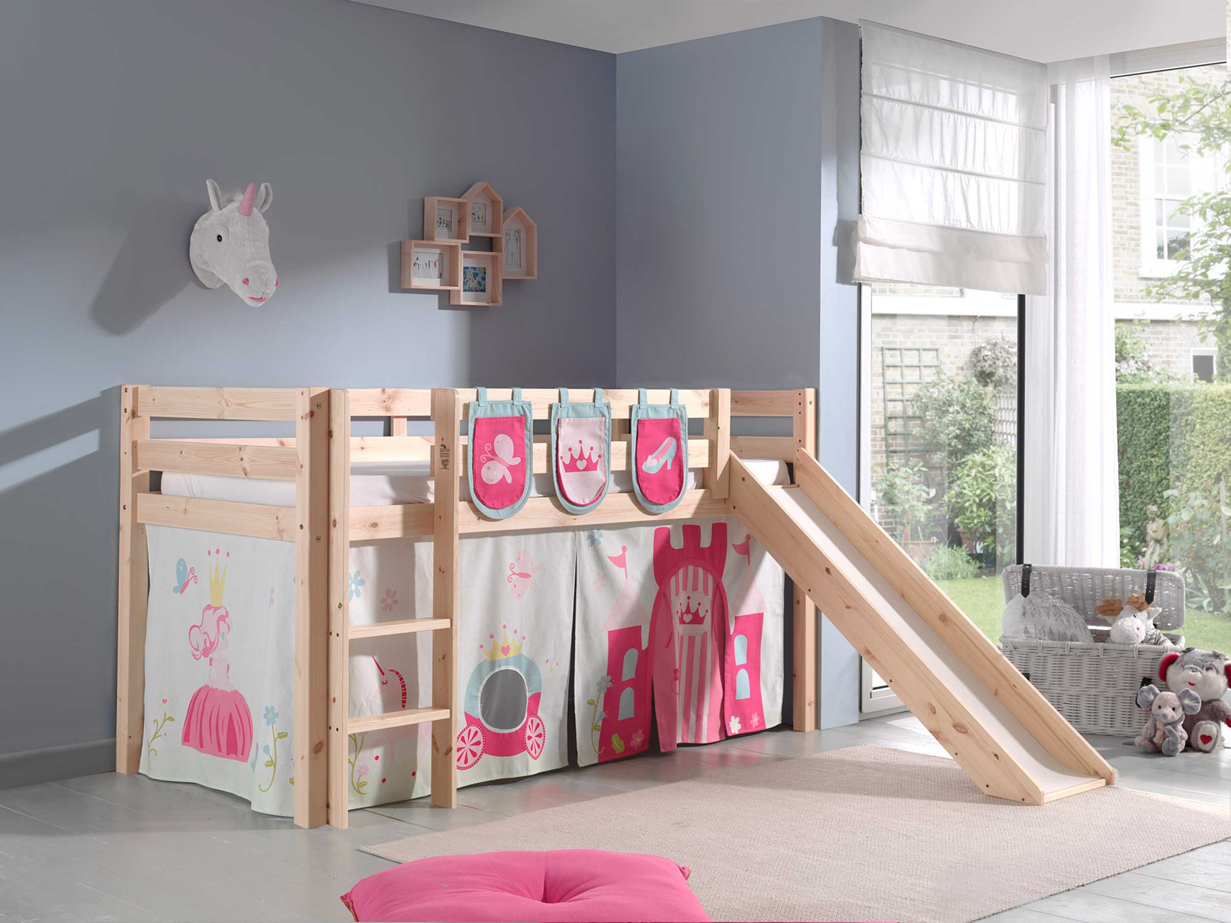 Lit mi-hauteur avec toboggan Astrid avec tente et sacs de rangement Princess II - bois de pin - Image 6
