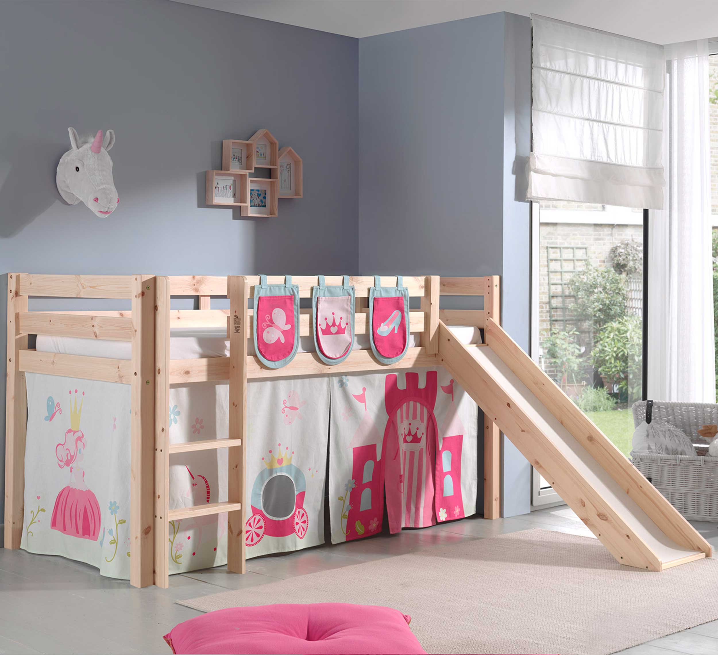 Lit mi-hauteur avec toboggan Astrid avec tente et sacs de rangement Princess II - bois de pin