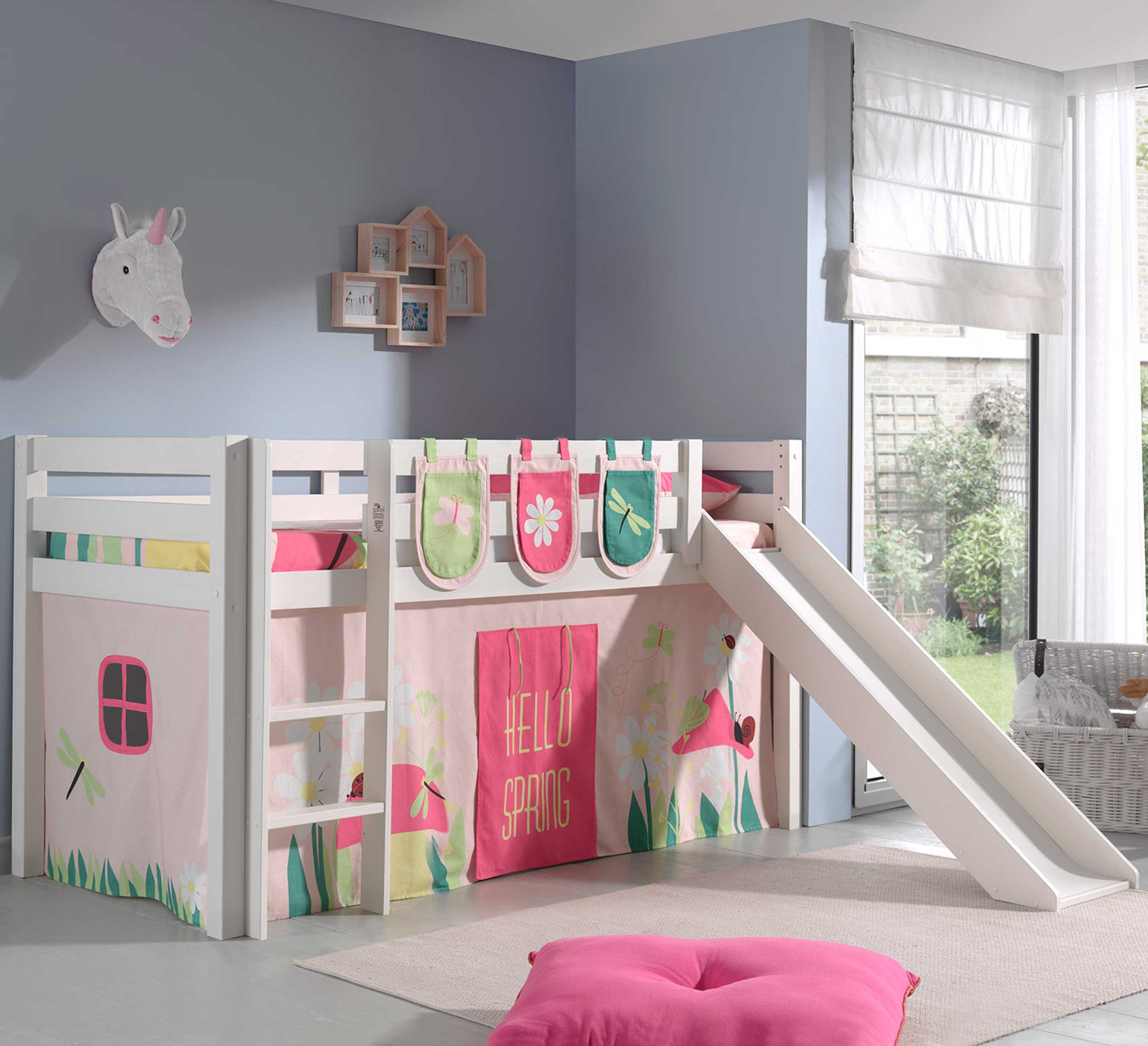 Lit mi-hauteur avec toboggan Astrid avec tente et sacs de rangement Spring - blanc