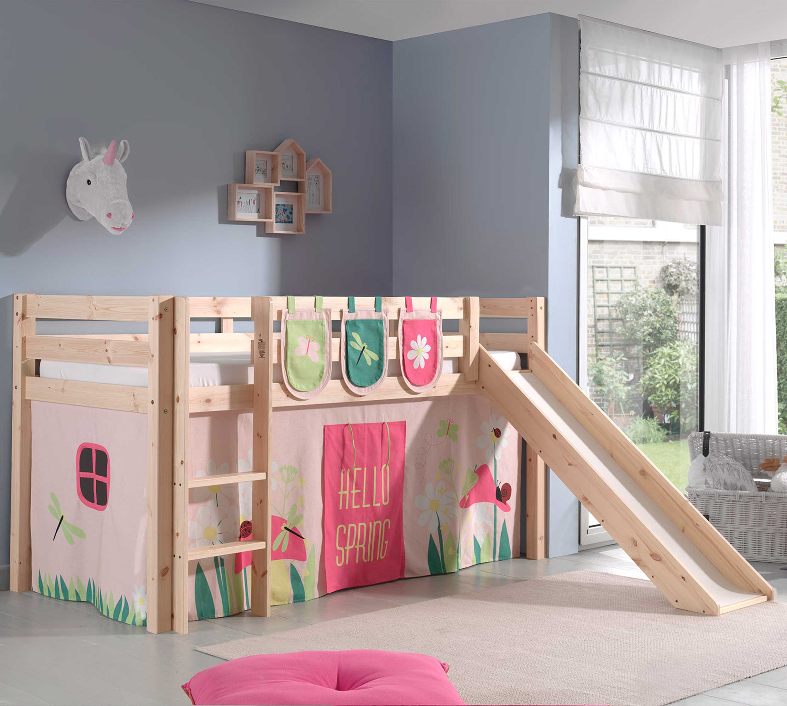 Lit mi-hauteur avec toboggan Astrid avec tente et sacs de rangement Spring - bois de pin - Image 1