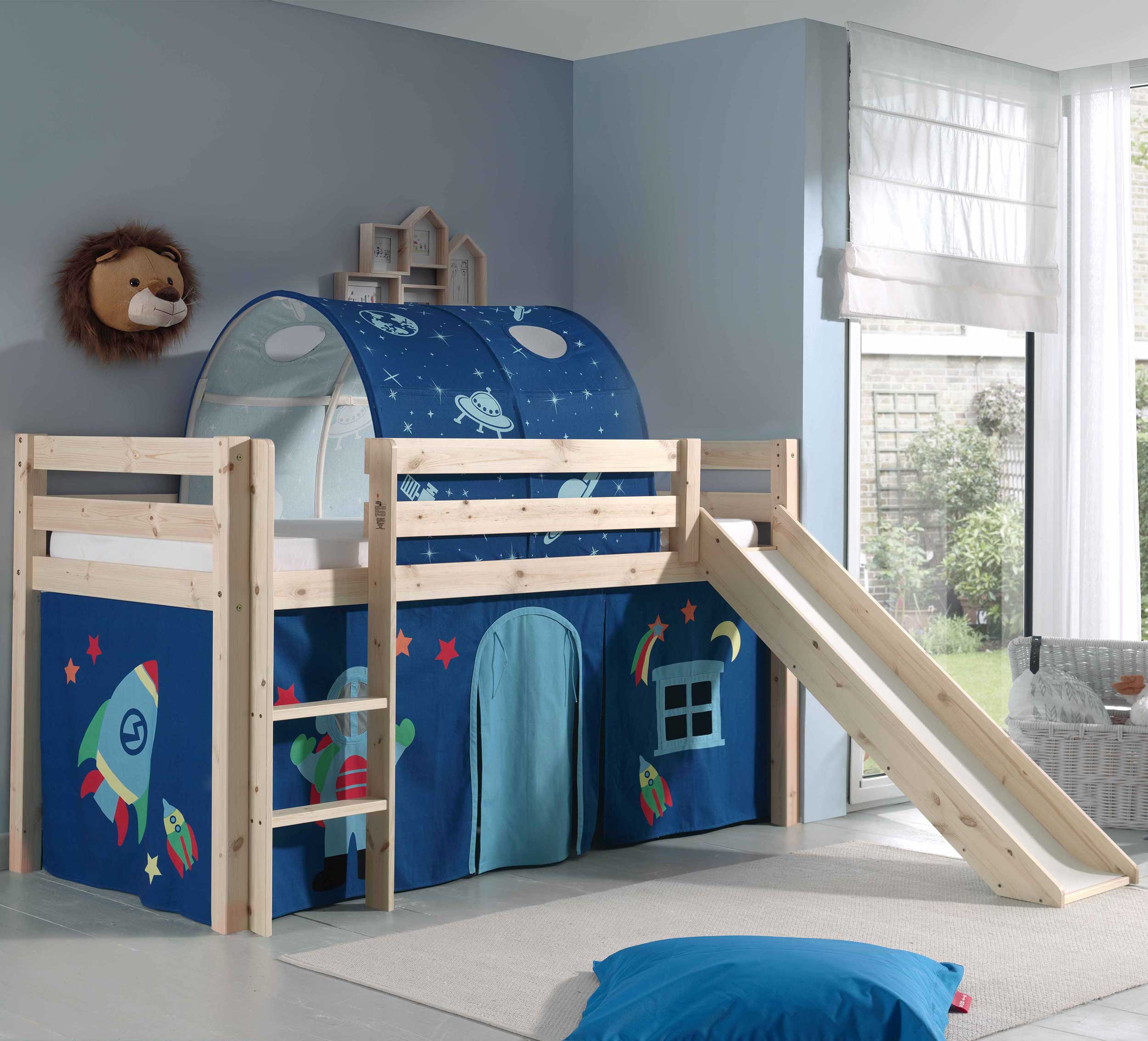 Lit mi-hauteur avec toboggan Astrid avec tente et tunnel de lit Astro - bois de pin