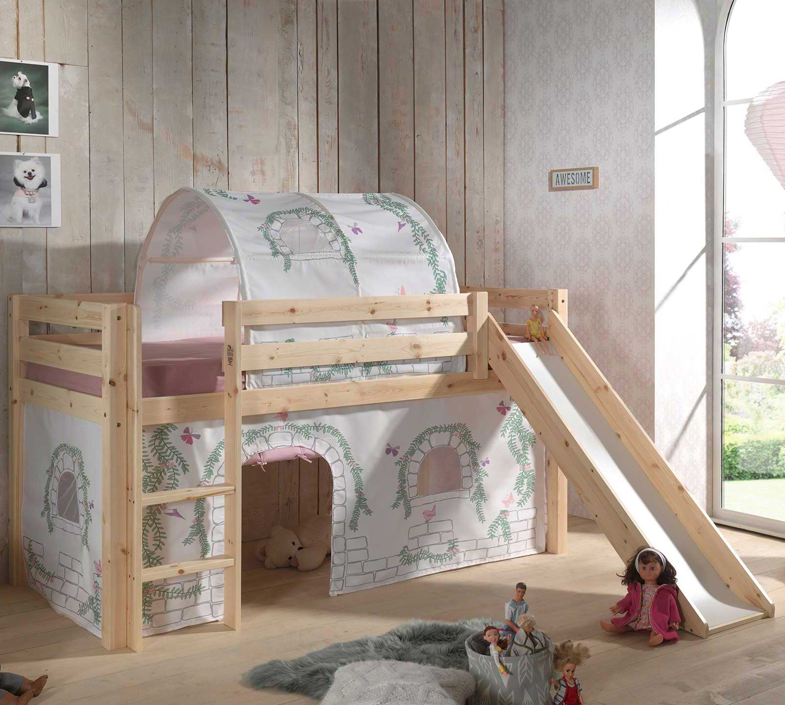 Lit mi-hauteur avec toboggan Astrid avec tente et tunnel de lit Birdy - bois de pin