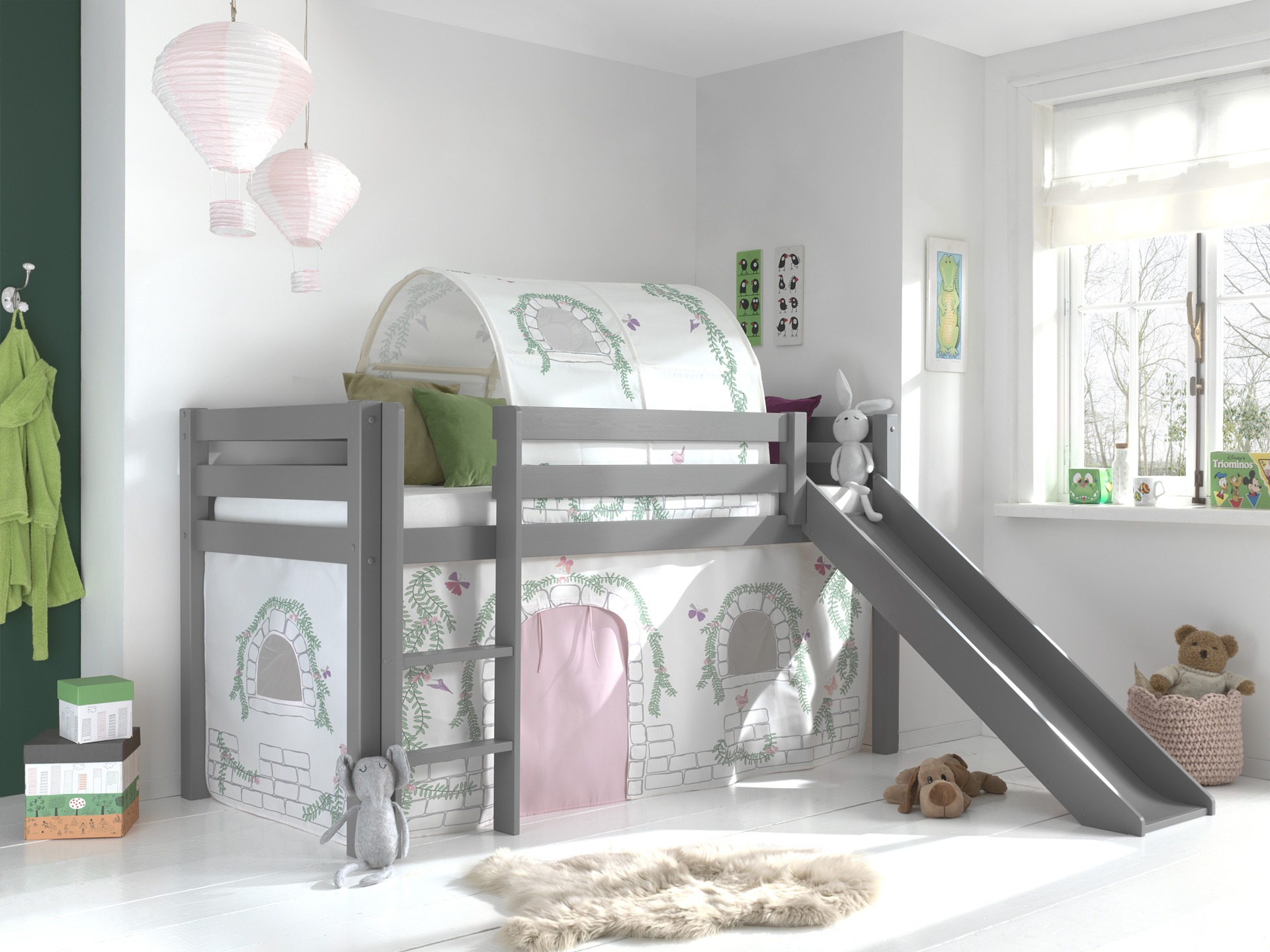 Lit mi-hauteur avec toboggan Astrid avec tente et tunnel de lit Birdy - gris - Image 6